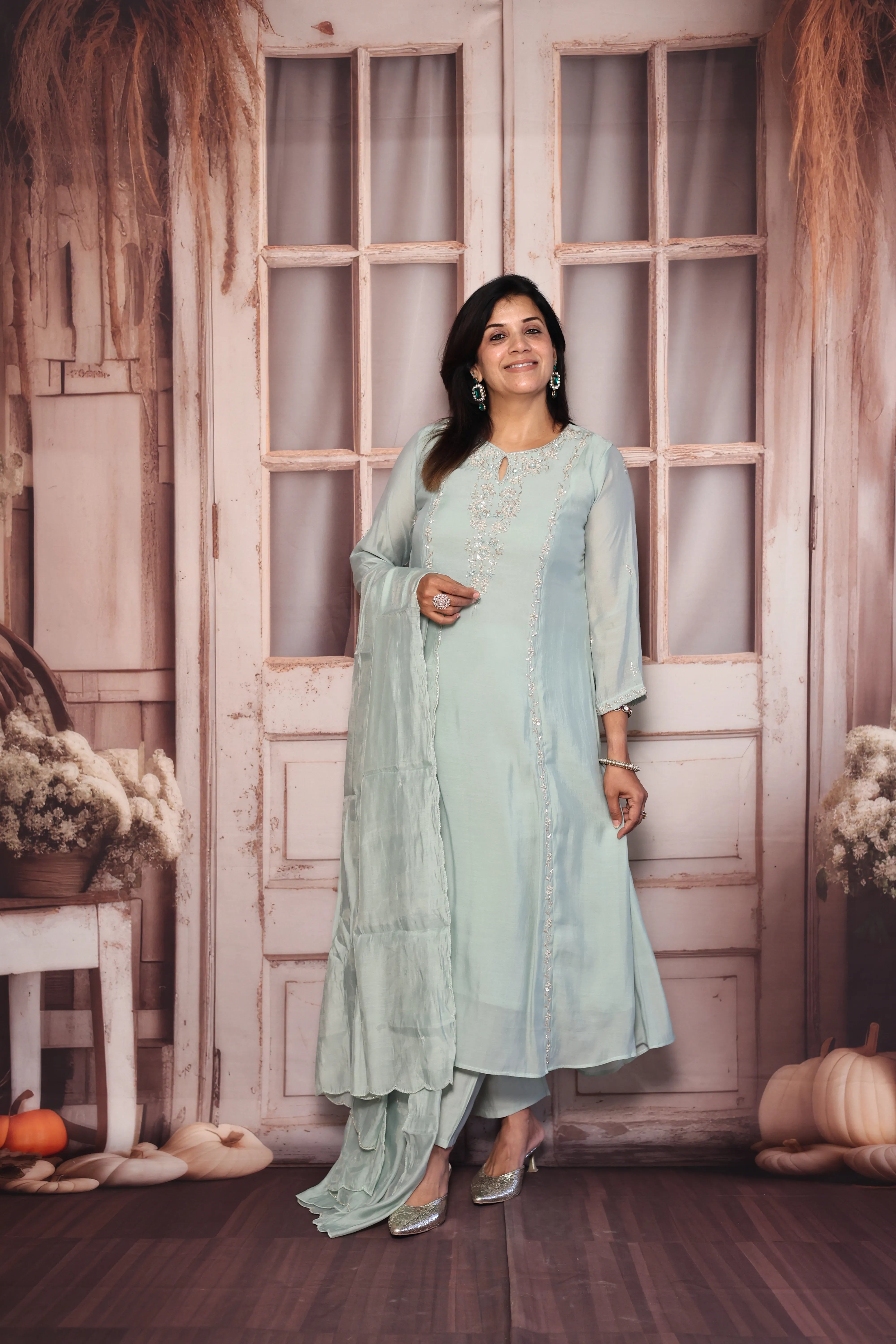 Sea Green A-Line Kurta Dupatta Set | Pearl & Sequin Embroidered Premium Muslin Silk Ensemble