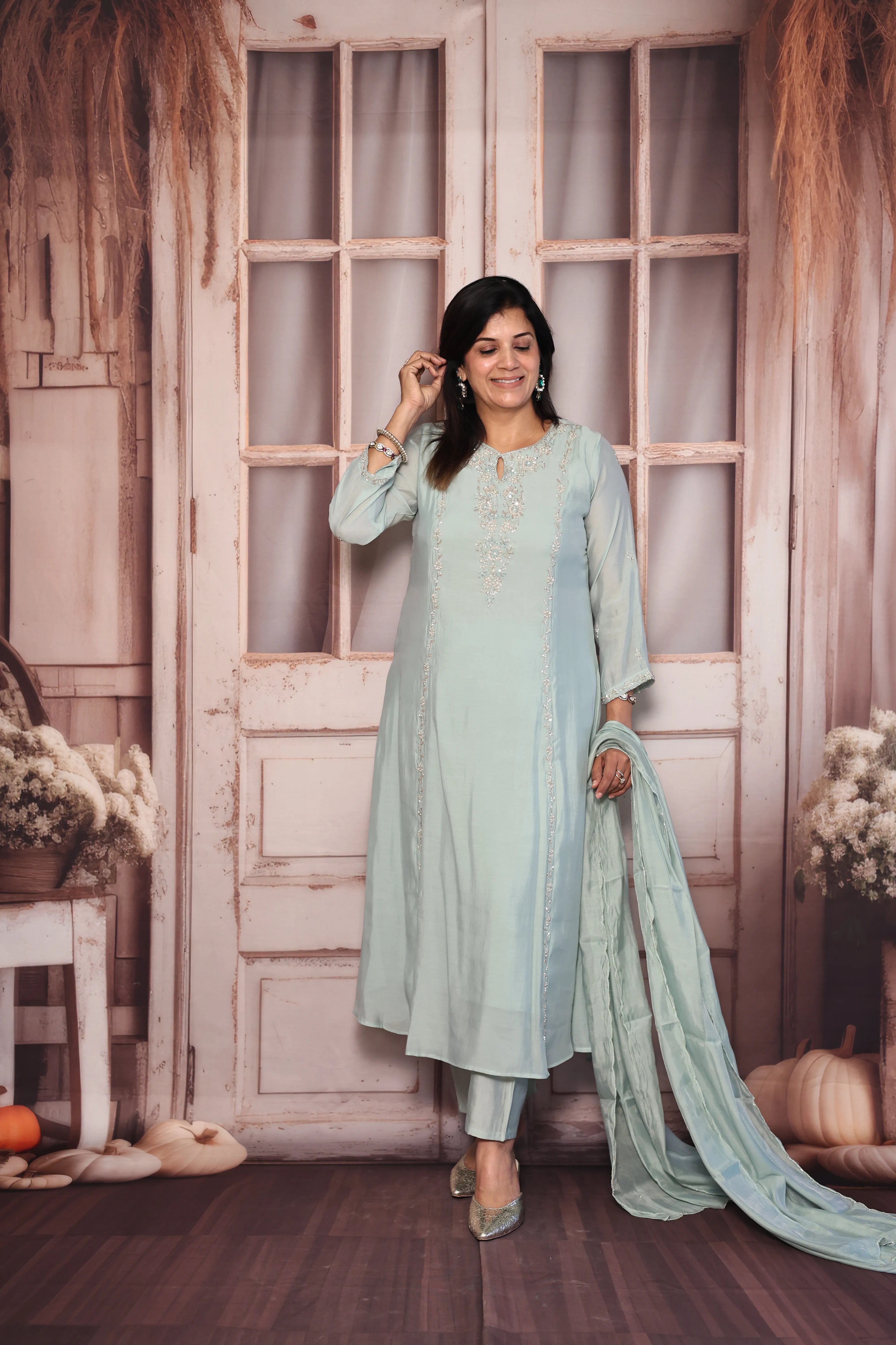 Sea Green A-Line Kurta Dupatta Set | Pearl & Sequin Embroidered Premium Muslin Silk Ensemble