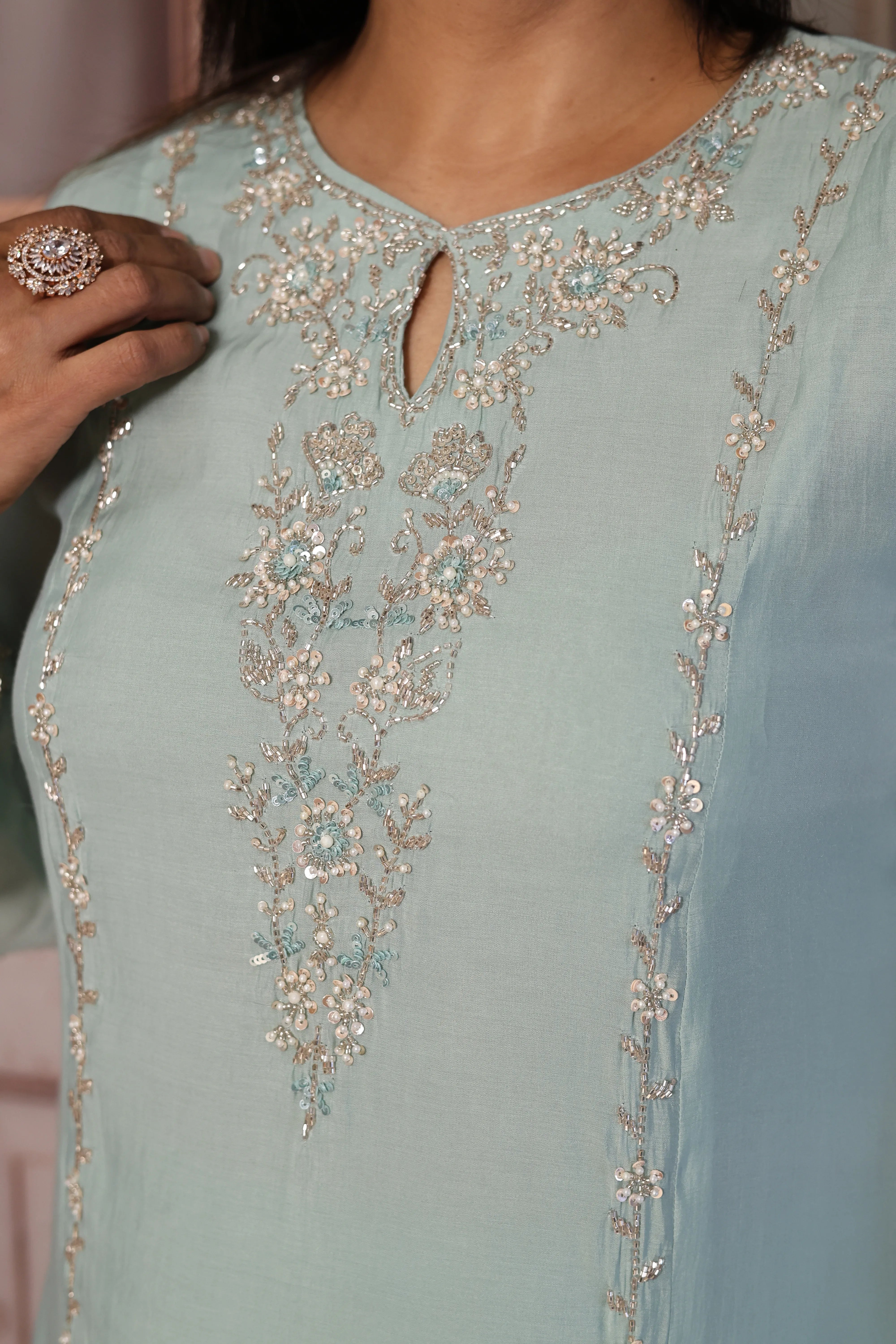 Sea Green A-Line Kurta Dupatta Set | Pearl & Sequin Embroidered Premium Muslin Silk Ensemble