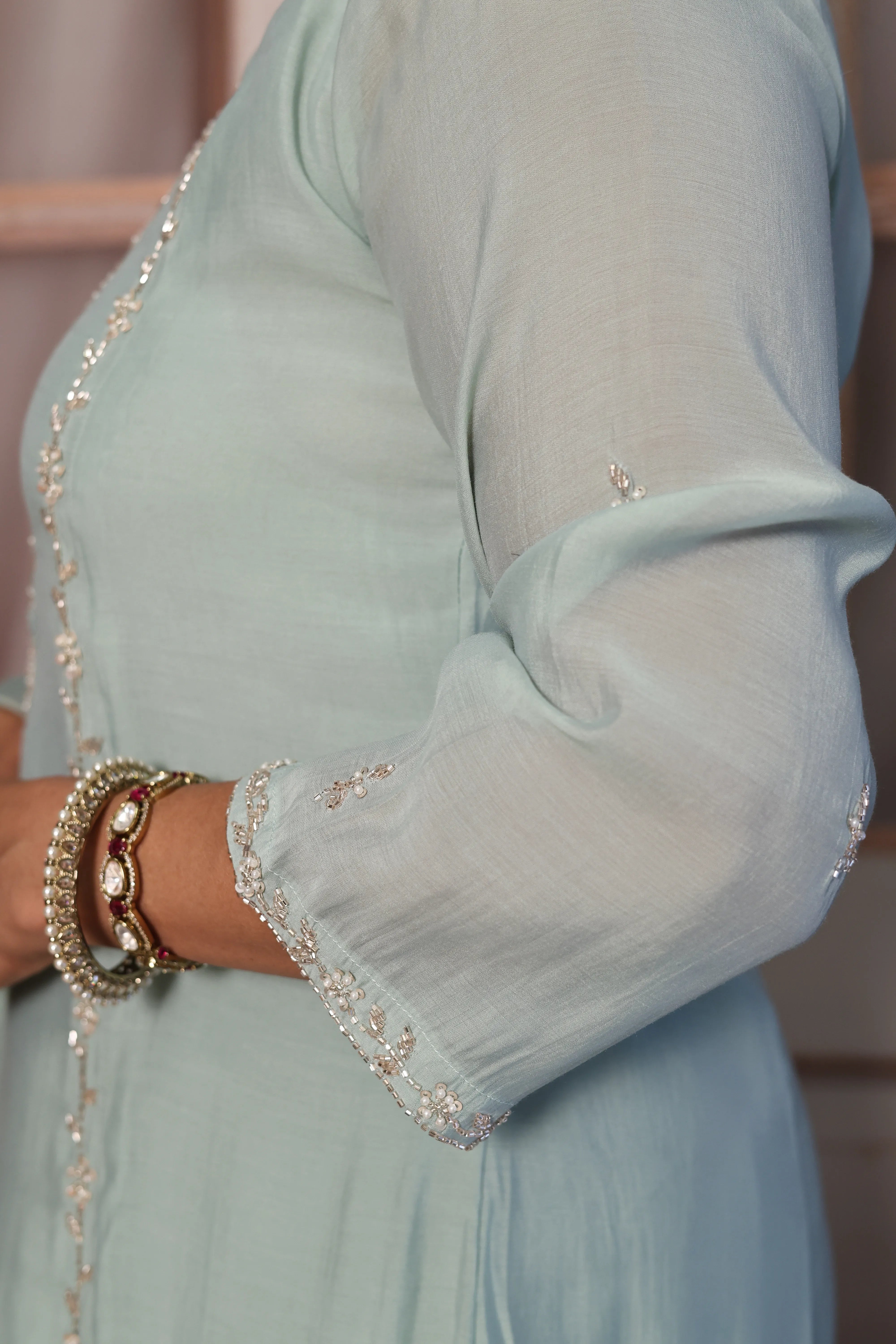 Sea Green A-Line Kurta Dupatta Set | Pearl & Sequin Embroidered Premium Muslin Silk Ensemble