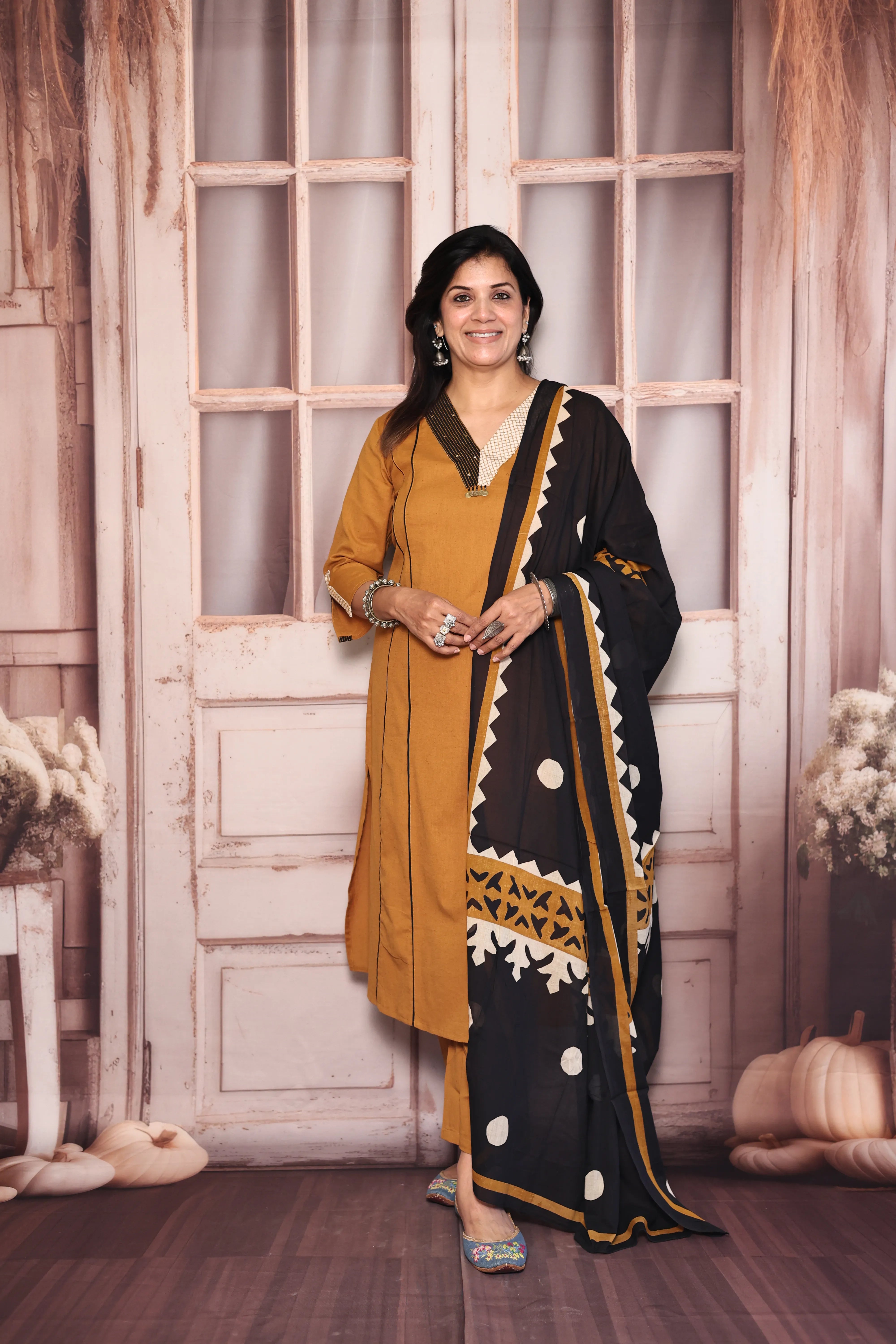 Mustard Brown Kurta Pant with Printed Dupatta Set | Pearl & Sequin Embellished Cotton Ethnic Wear