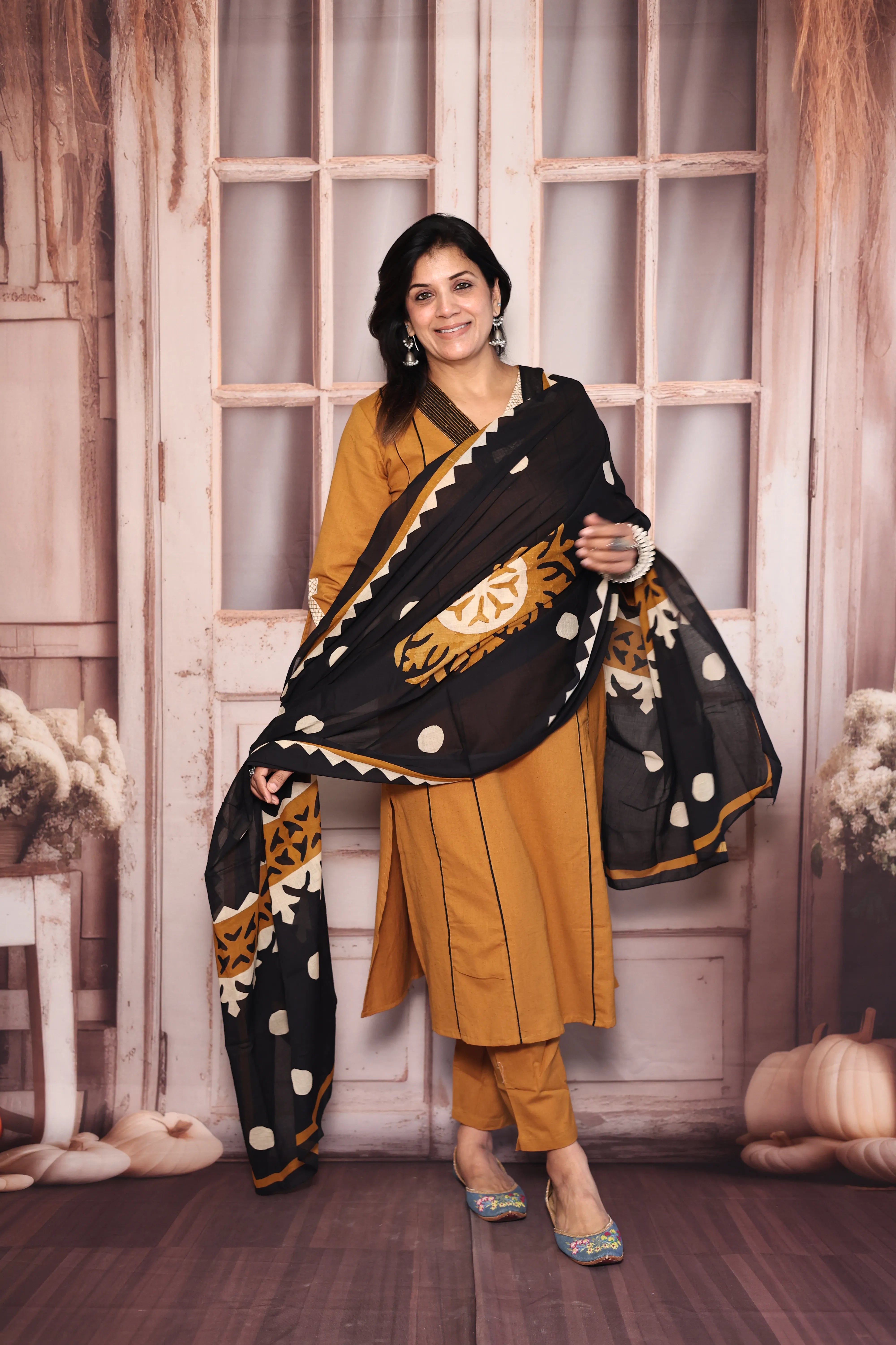 Mustard Brown Kurta Pant with Printed Dupatta Set | Pearl & Sequin Embellished Cotton Ethnic Wear