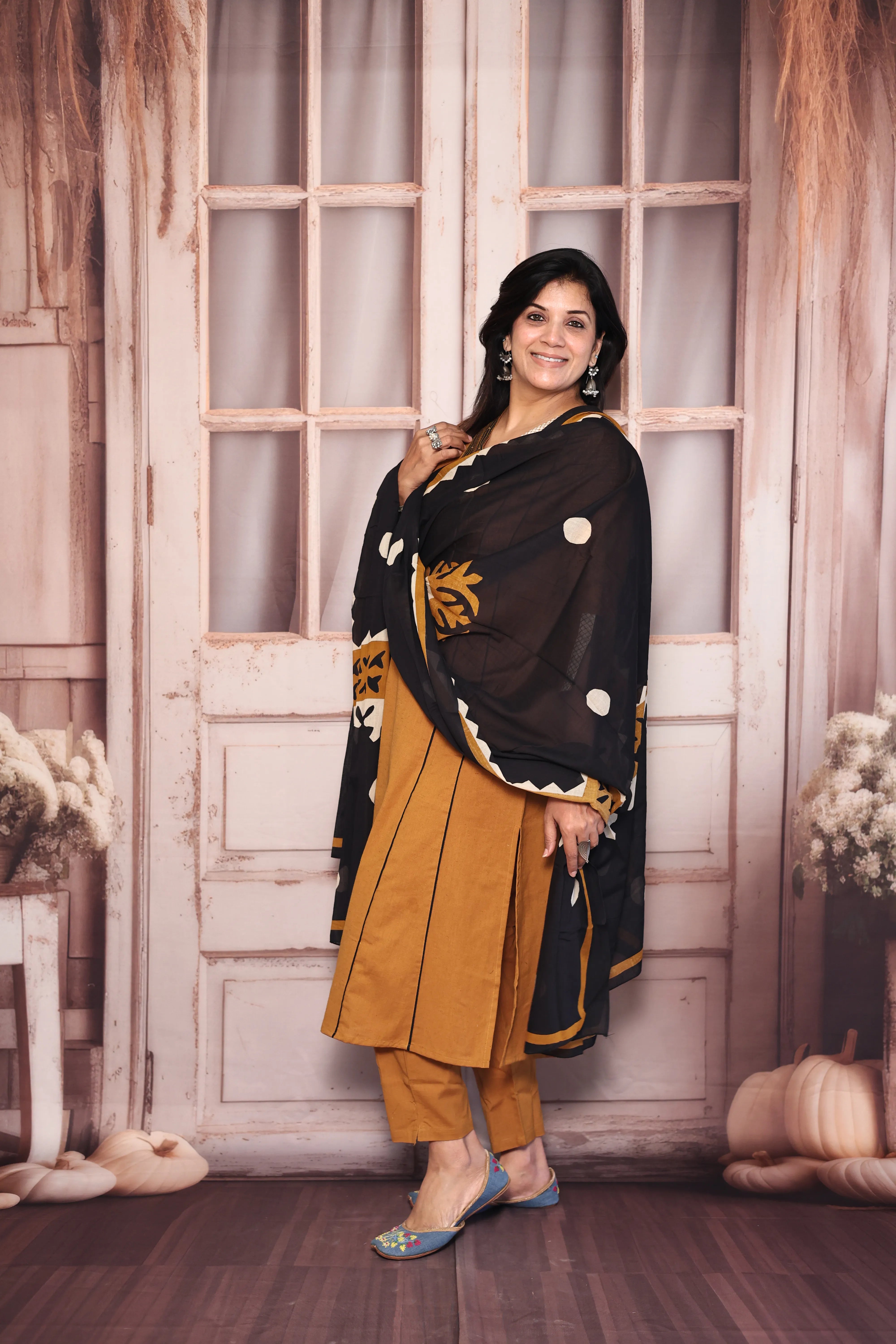 Mustard Brown Kurta Pant with Printed Dupatta Set | Pearl & Sequin Embellished Cotton Ethnic Wear