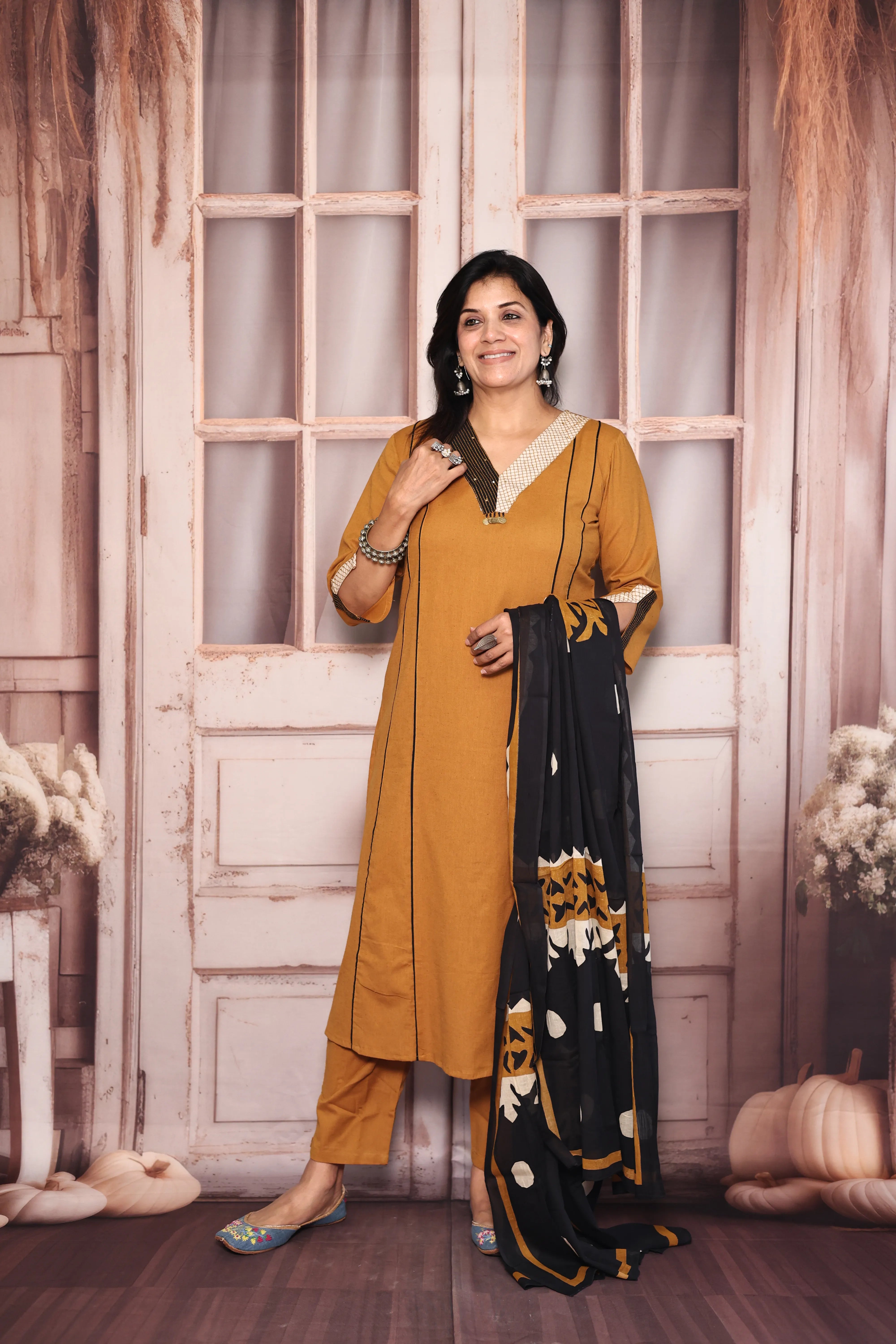 Mustard Brown Kurta Pant with Printed Dupatta Set | Pearl & Sequin Embellished Cotton Ethnic Wear
