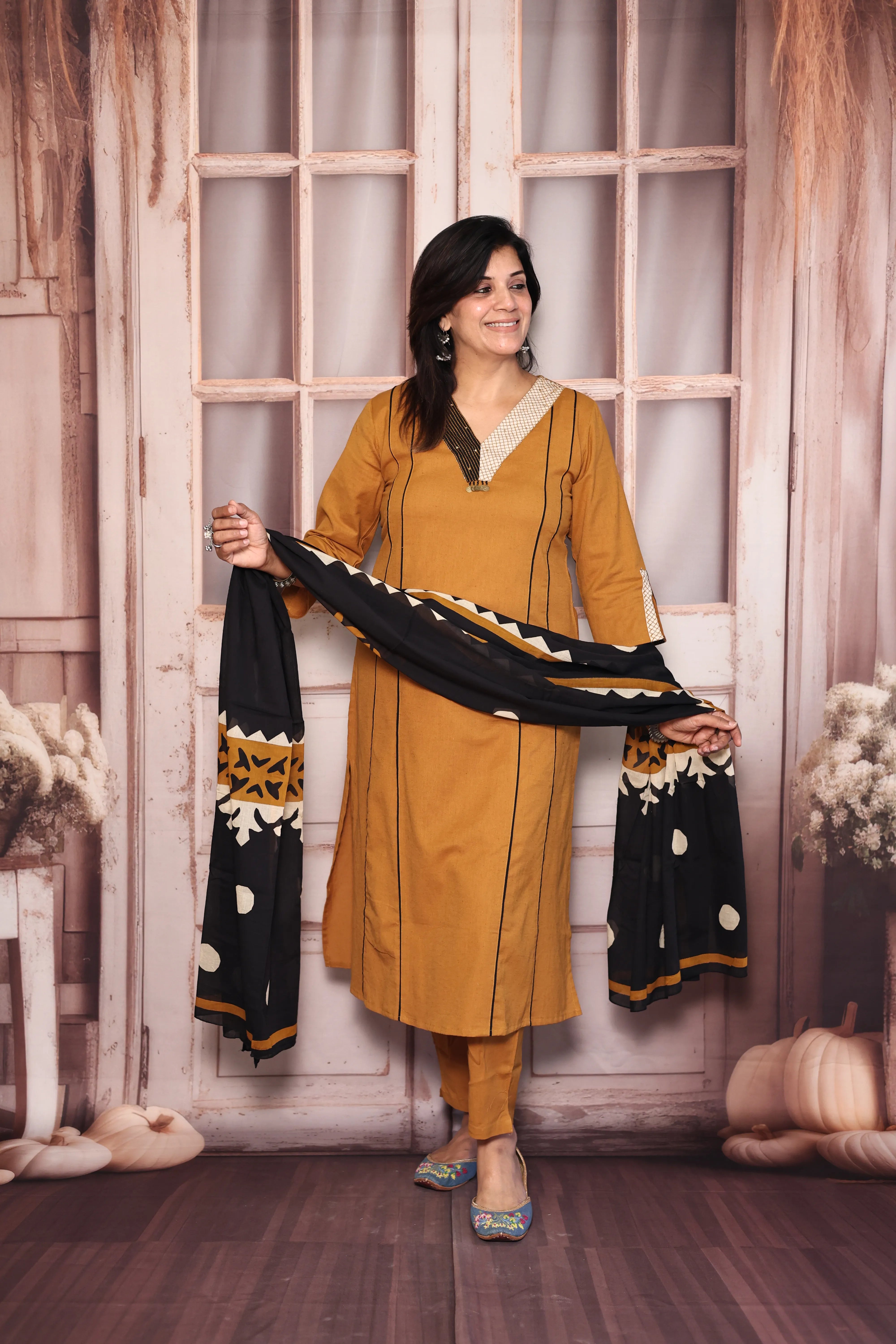 Mustard Brown Kurta Pant with Printed Dupatta Set | Pearl & Sequin Embellished Cotton Ethnic Wear