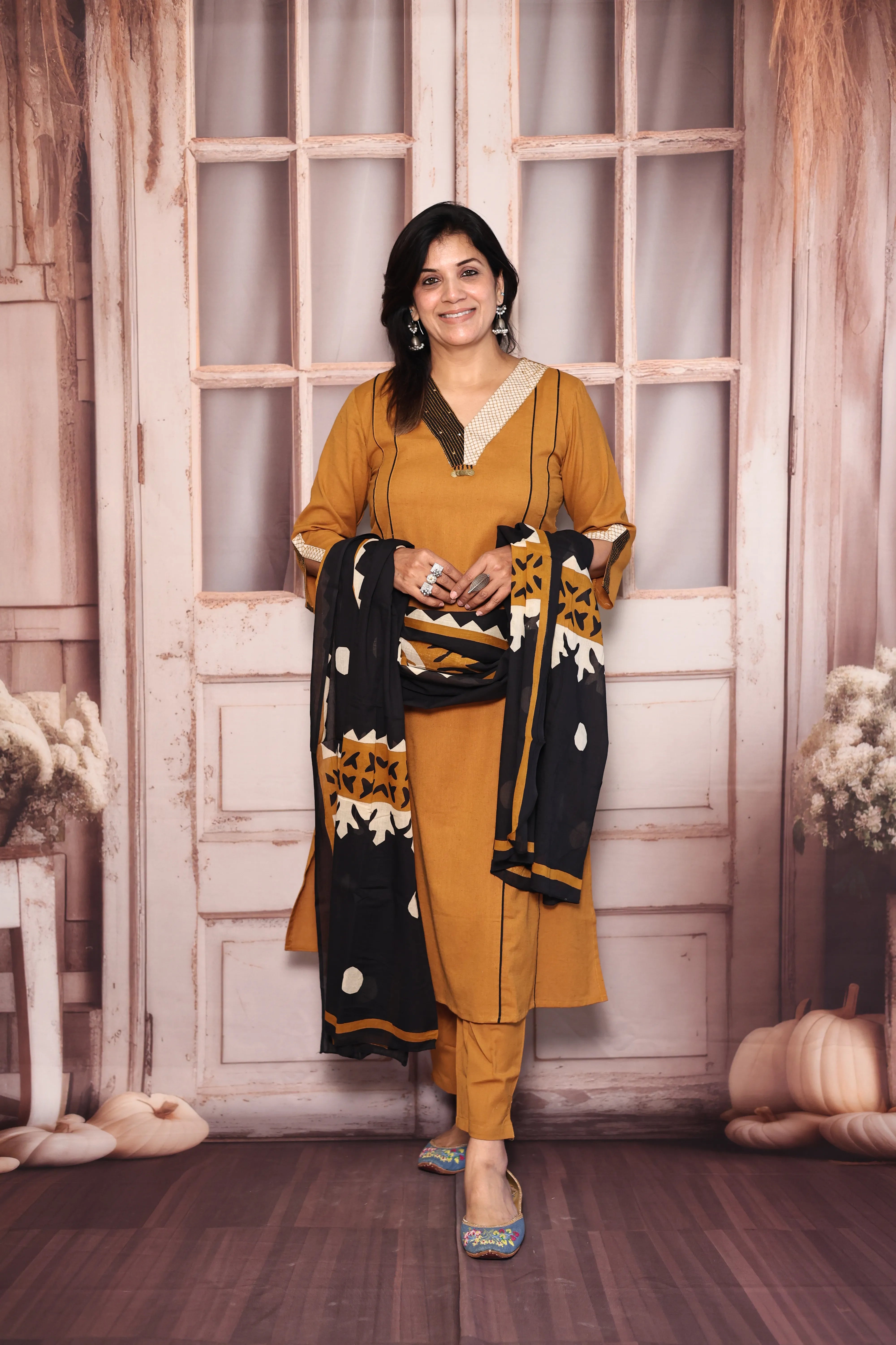 Mustard Brown Kurta Pant with Printed Dupatta Set | Pearl & Sequin Embellished Cotton Ethnic Wear