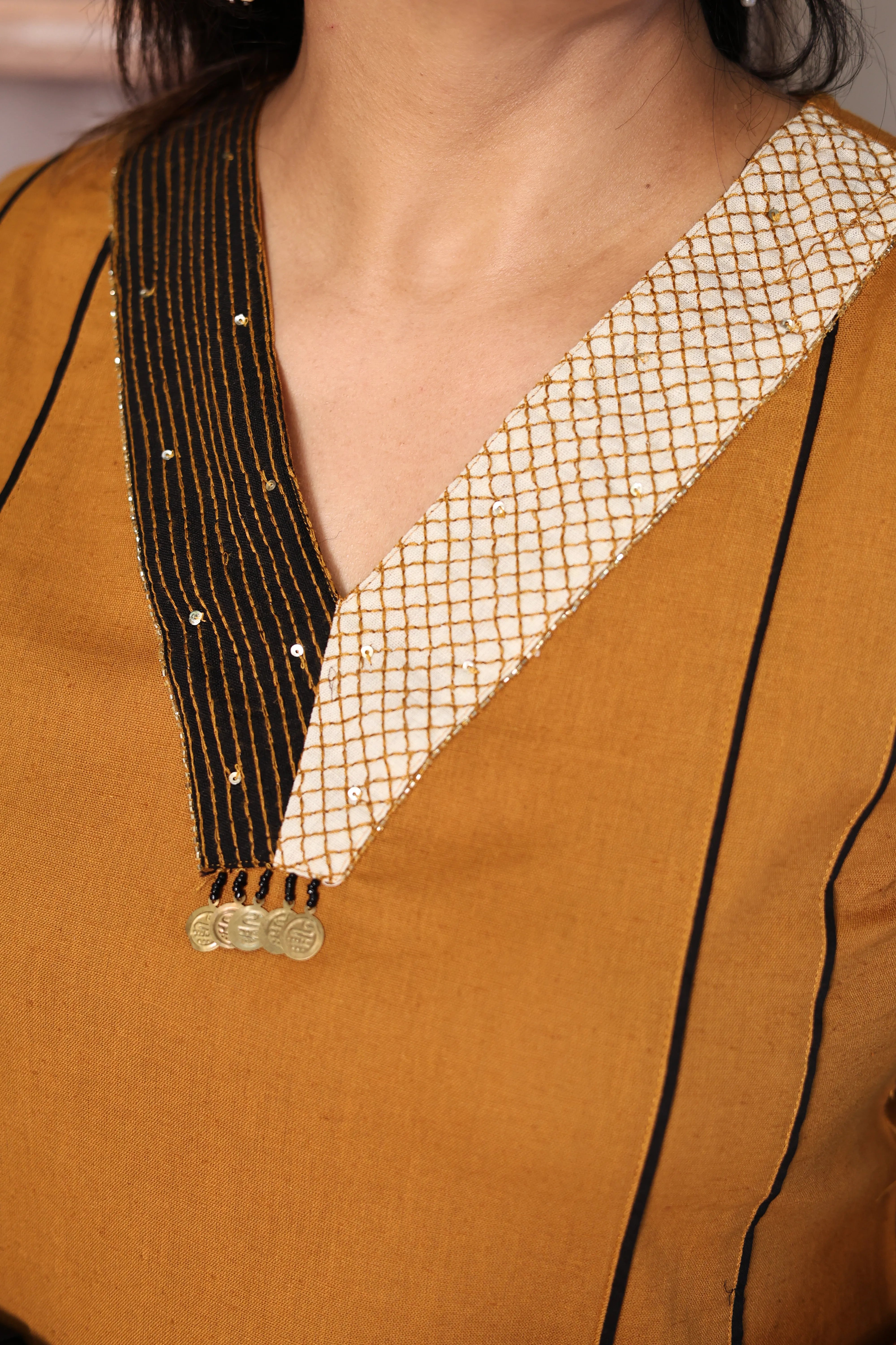 Mustard Brown Kurta Pant with Printed Dupatta Set | Pearl & Sequin Embellished Cotton Ethnic Wear