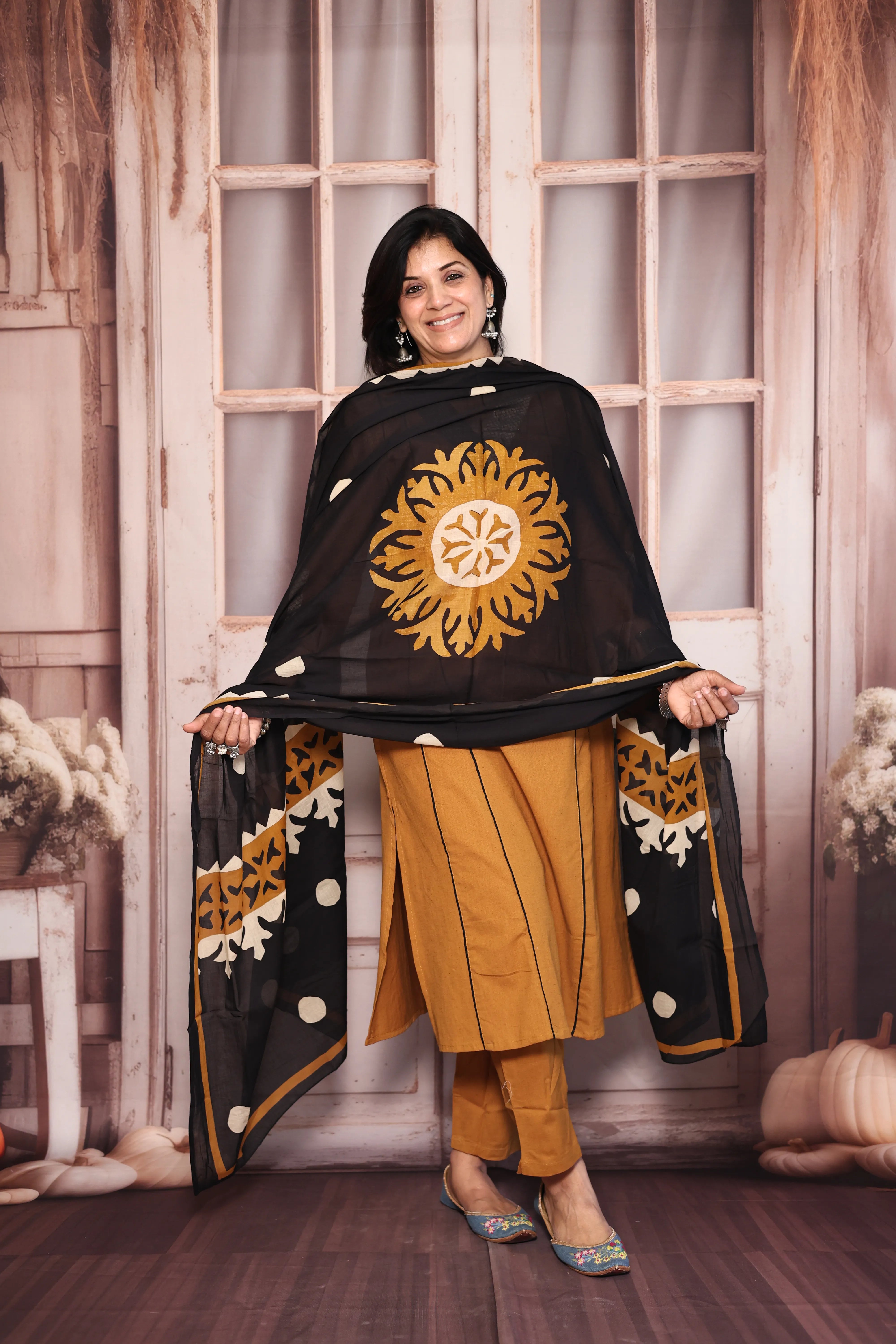 Mustard Brown Kurta Pant with Printed Dupatta Set | Pearl & Sequin Embellished Cotton Ethnic Wear