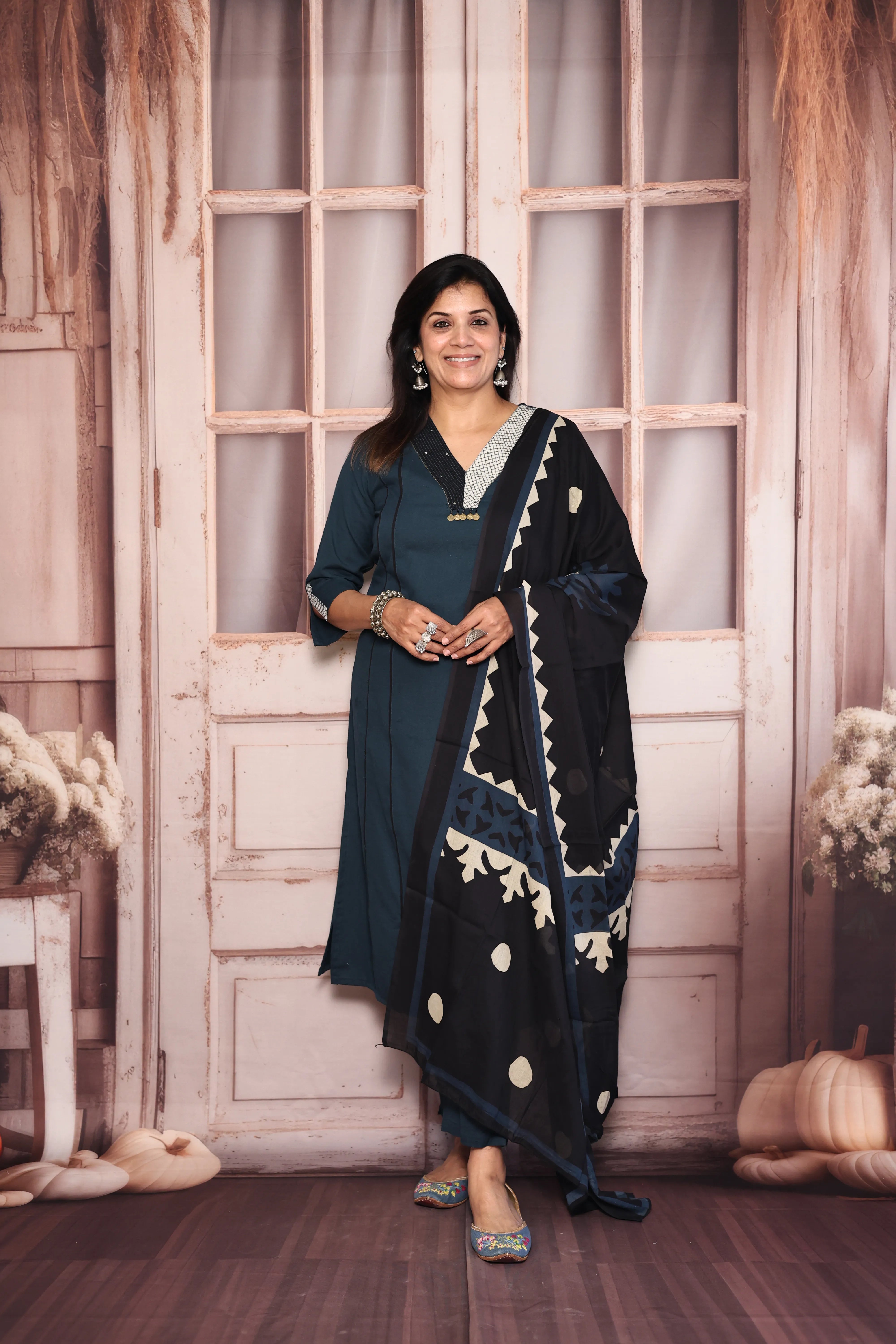 Blue Kurta Pant with Printed Dupatta Set | Pearl & Sequin Embellished Cotton Ethnic Wear