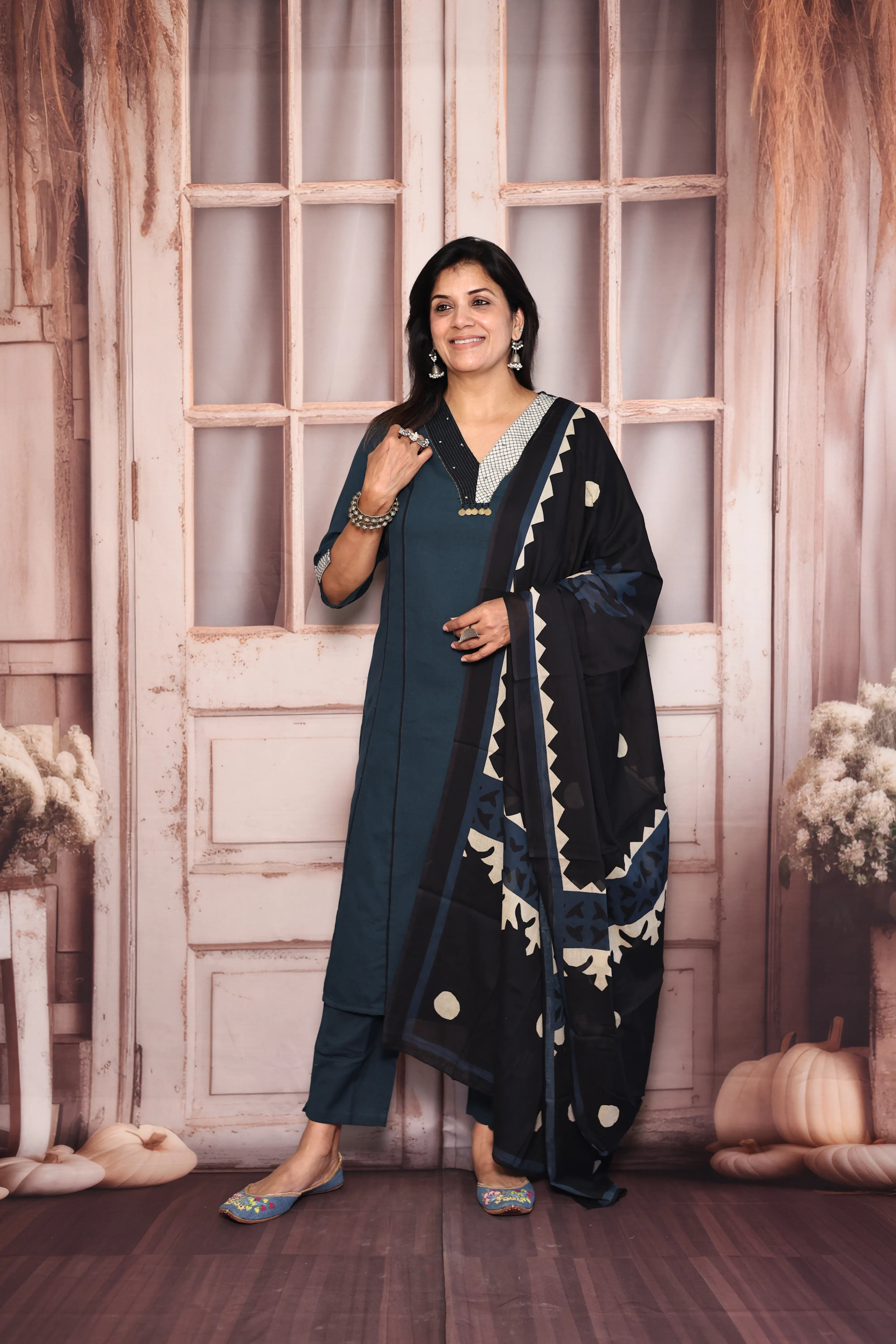 Blue Kurta Pant with Printed Dupatta Set | Pearl & Sequin Embellished Cotton Ethnic Wear