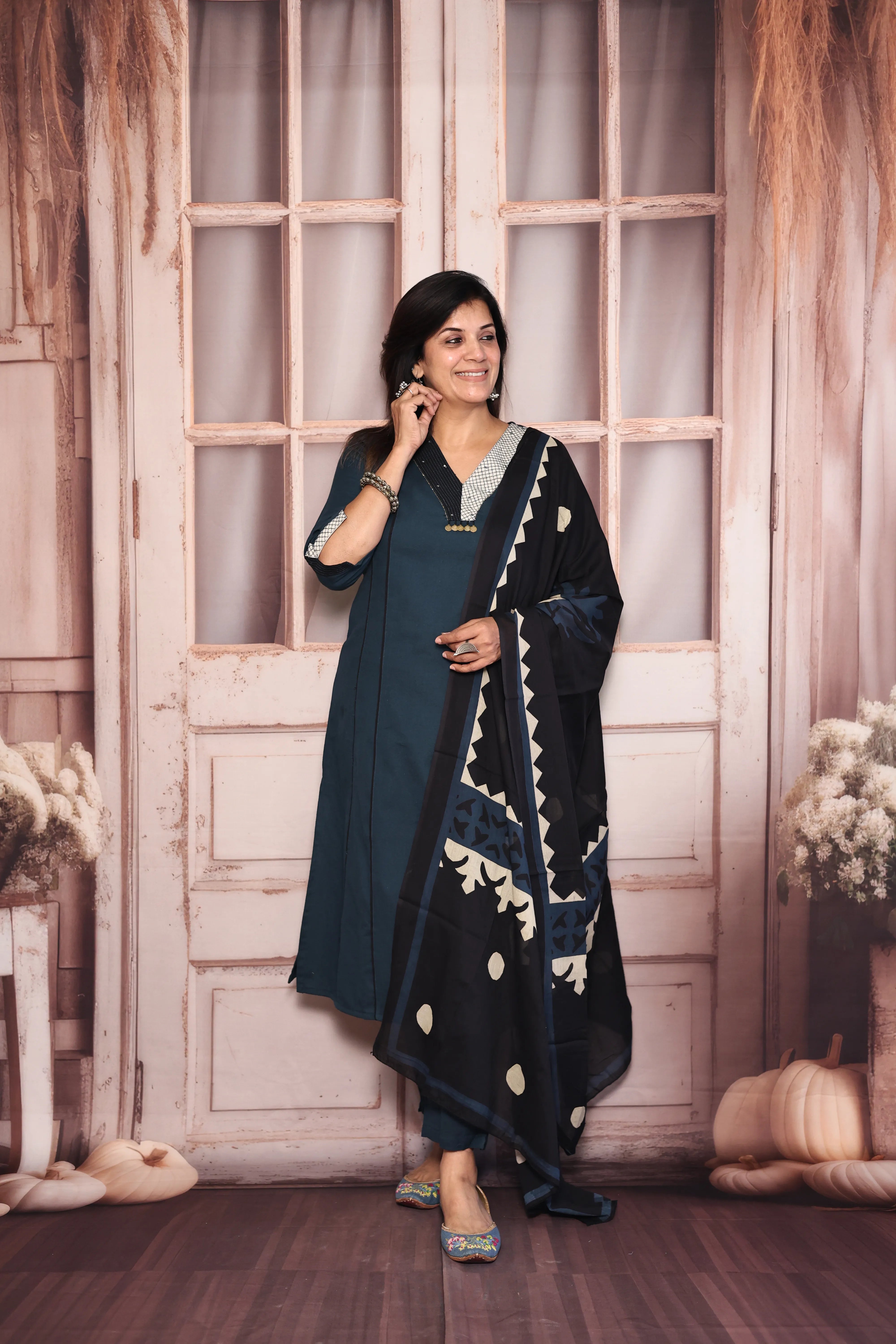 Blue Kurta Pant with Printed Dupatta Set | Pearl & Sequin Embellished Cotton Ethnic Wear