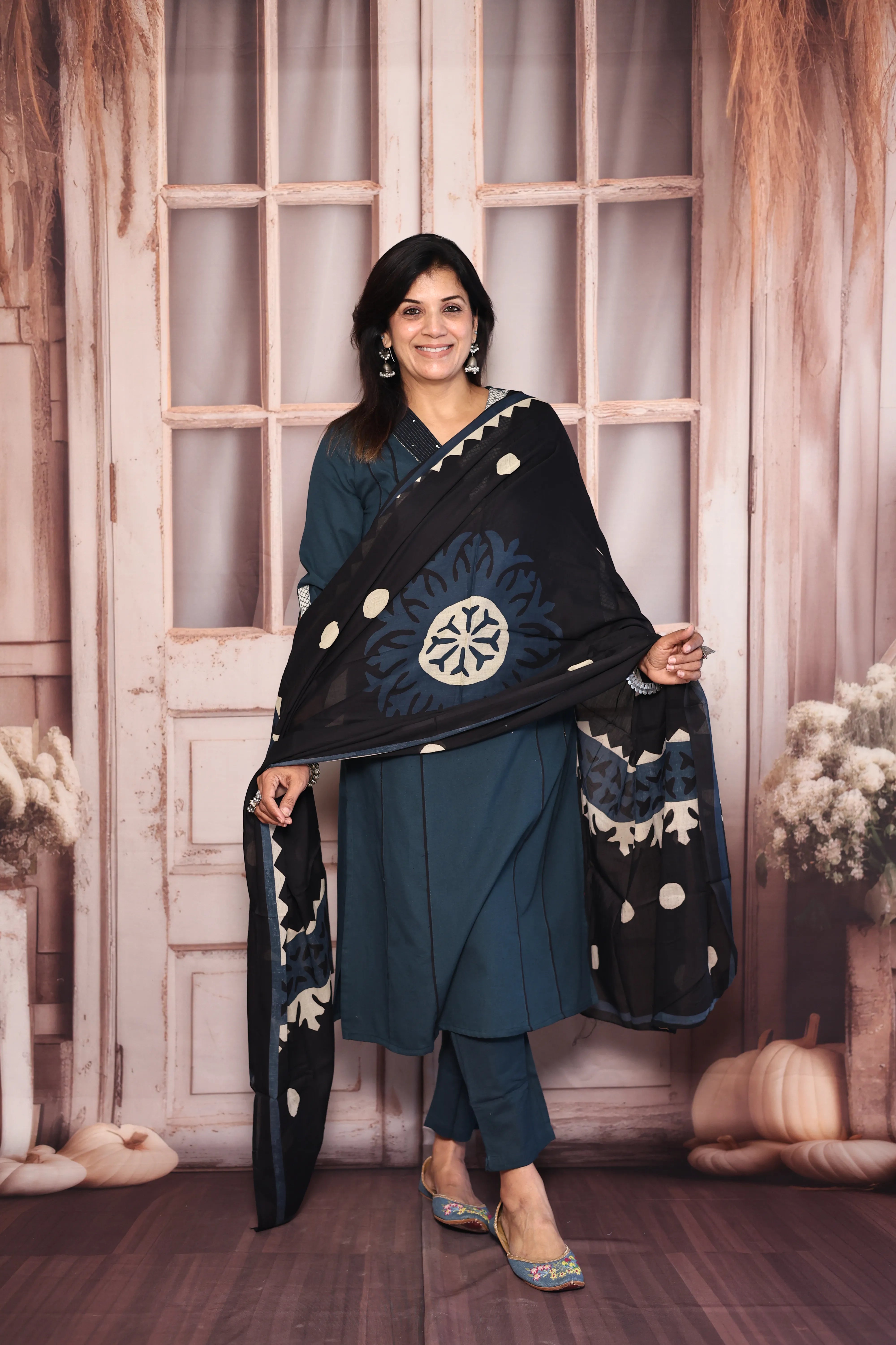 Blue Kurta Pant with Printed Dupatta Set | Pearl & Sequin Embellished Cotton Ethnic Wear