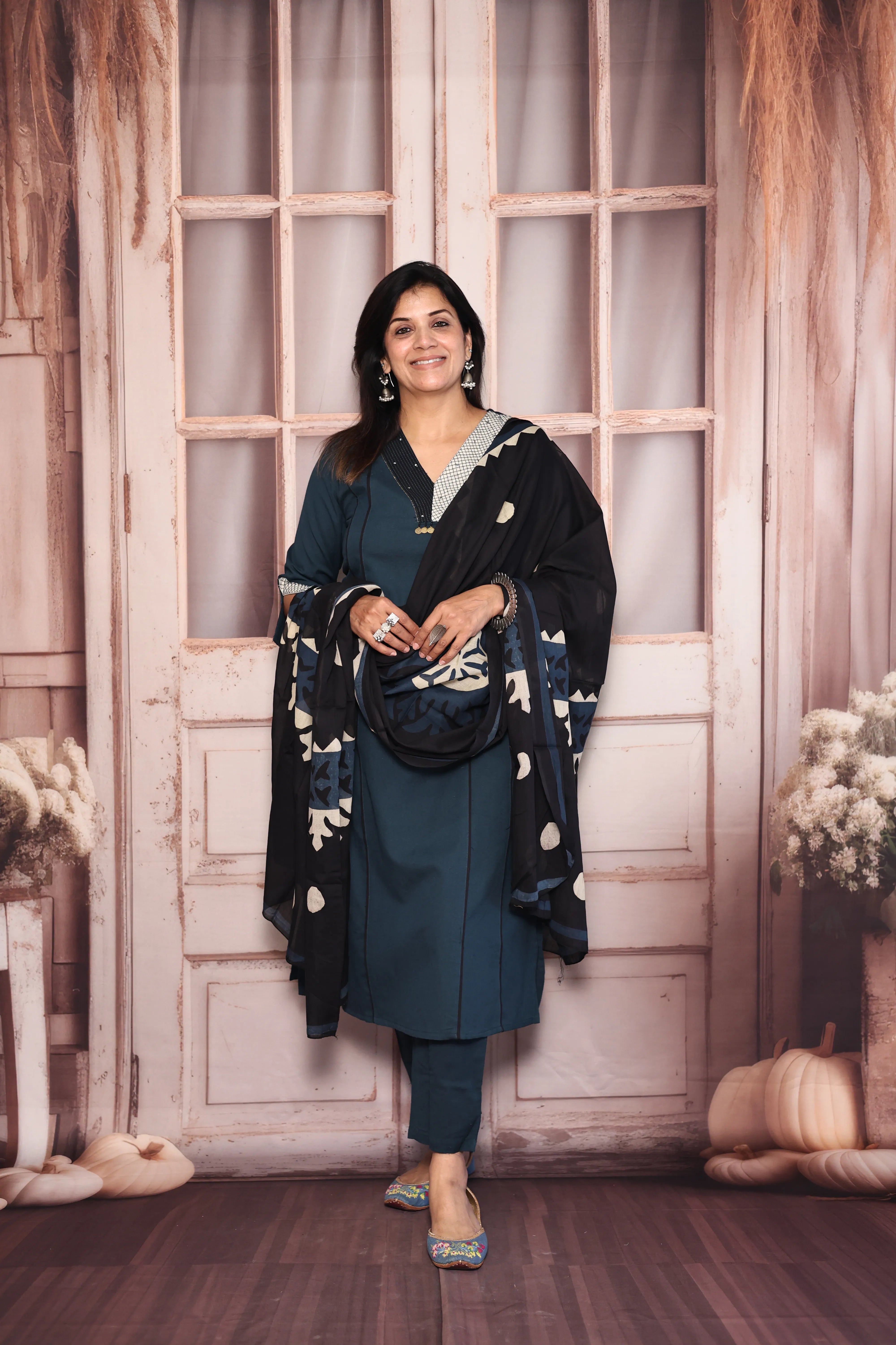 Blue Kurta Pant with Printed Dupatta Set | Pearl & Sequin Embellished Cotton Ethnic Wear