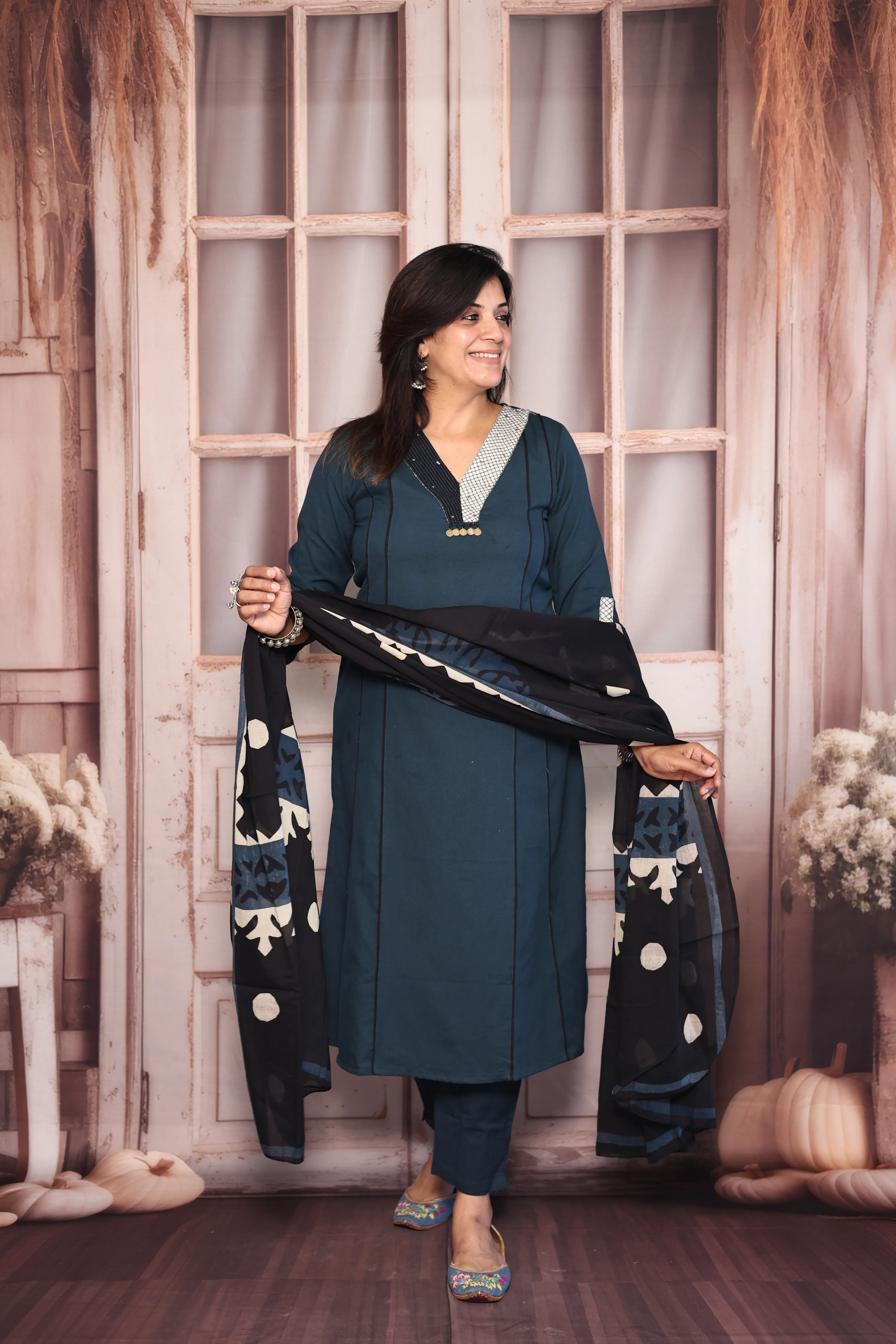 Blue Kurta Pant with Printed Dupatta Set | Pearl & Sequin Embellished Cotton Ethnic Wear
