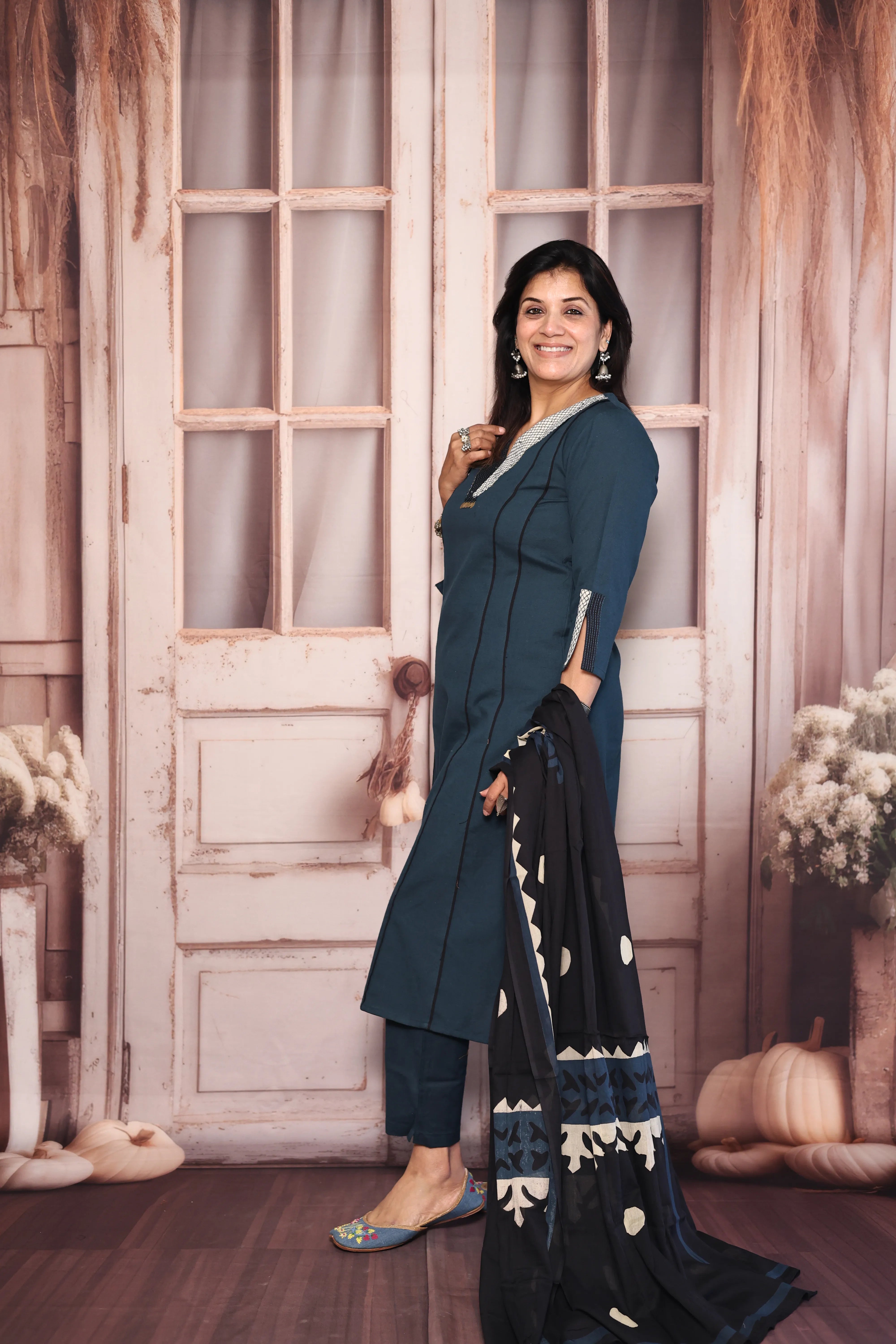 Blue Kurta Pant with Printed Dupatta Set | Pearl & Sequin Embellished Cotton Ethnic Wear