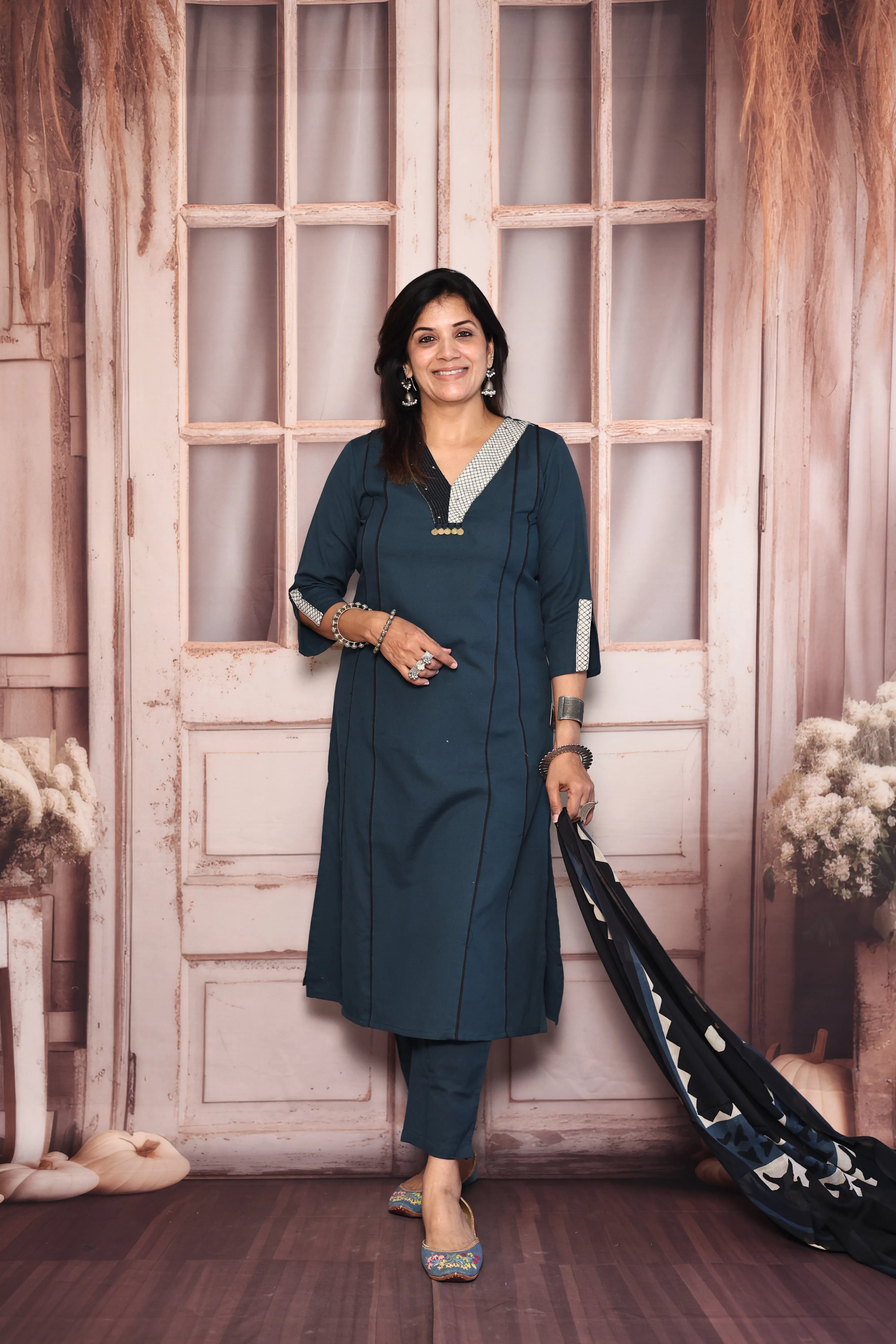 Blue Kurta Pant with Printed Dupatta Set | Pearl & Sequin Embellished Cotton Ethnic Wear