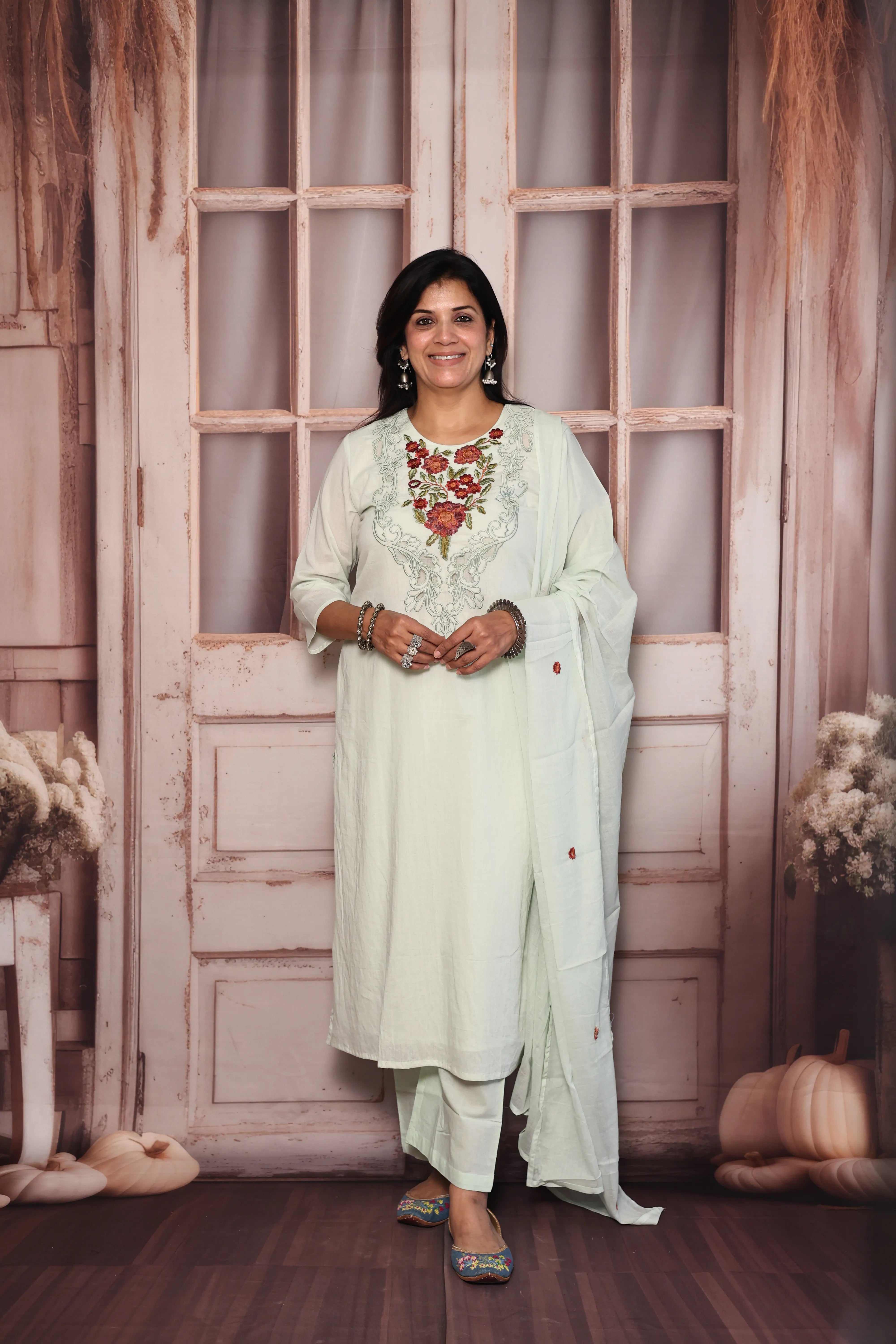 Light Pista Cut Work Thread Embroidered Dupatta Set | Floral Yoke Embroidery | Mul Cotton