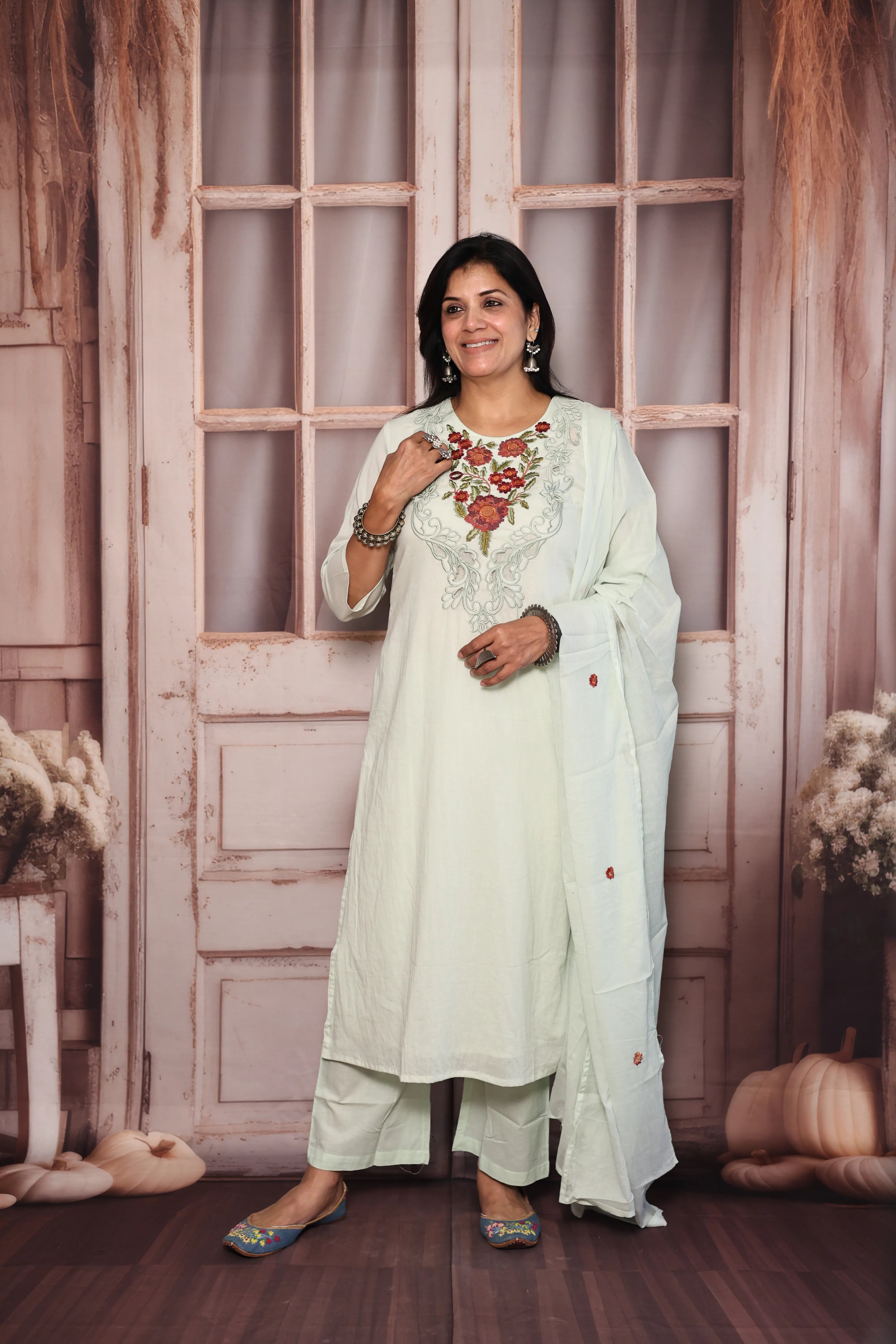 Light Pista Cut Work Thread Embroidered Dupatta Set | Floral Yoke Embroidery | Mul Cotton