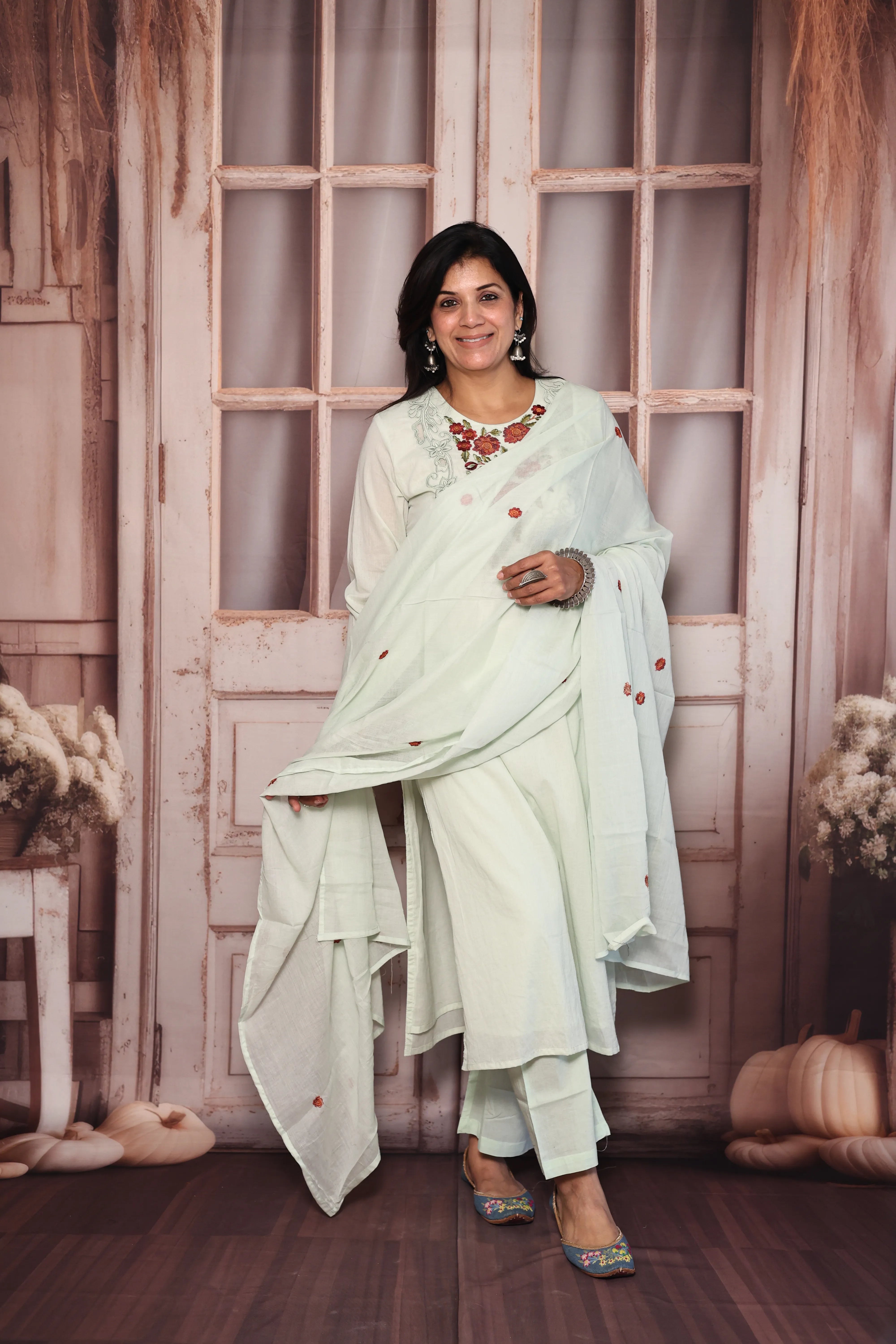 Light Pista Cut Work Thread Embroidered Dupatta Set | Floral Yoke Embroidery | Mul Cotton