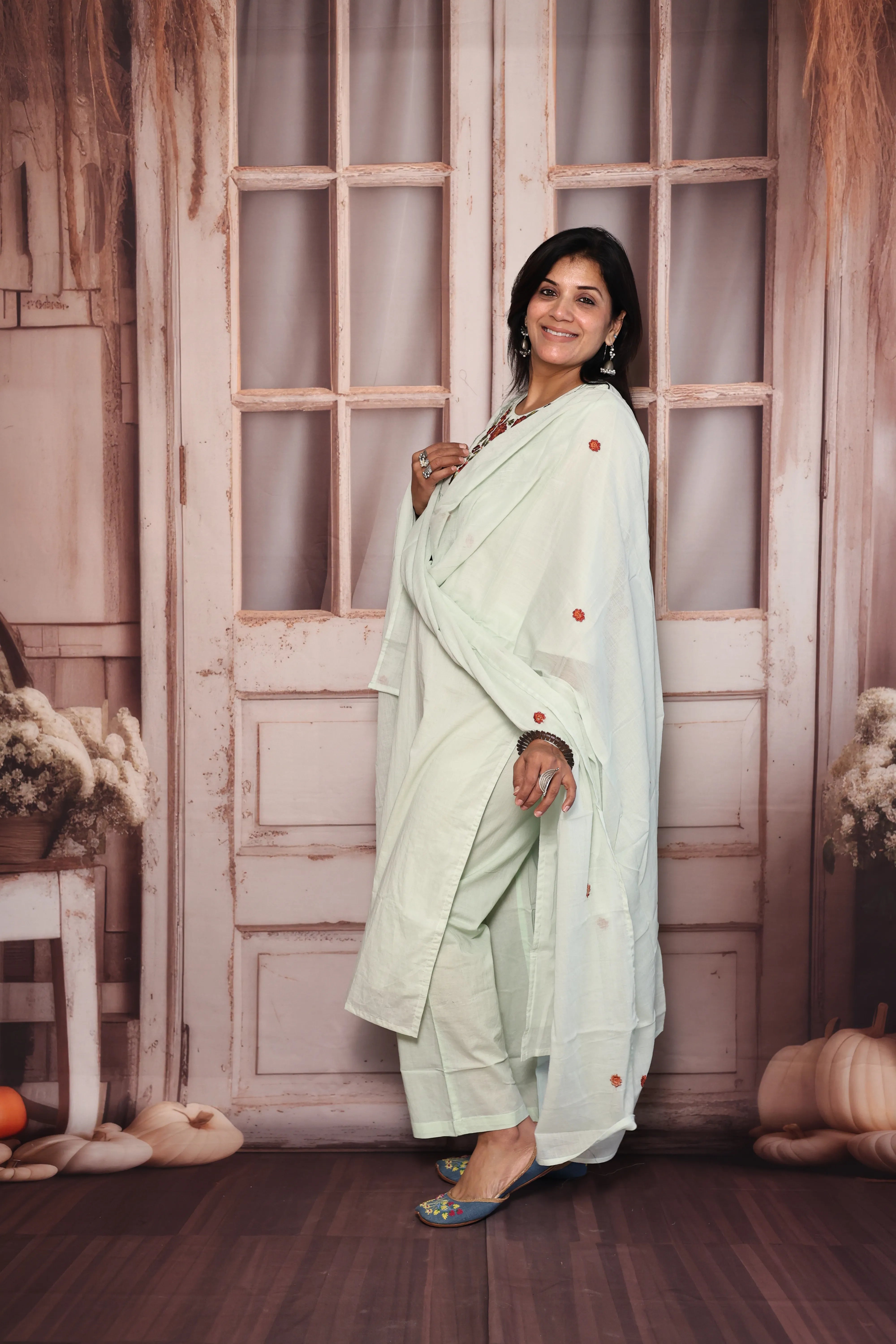 Light Pista Cut Work Thread Embroidered Dupatta Set | Floral Yoke Embroidery | Mul Cotton