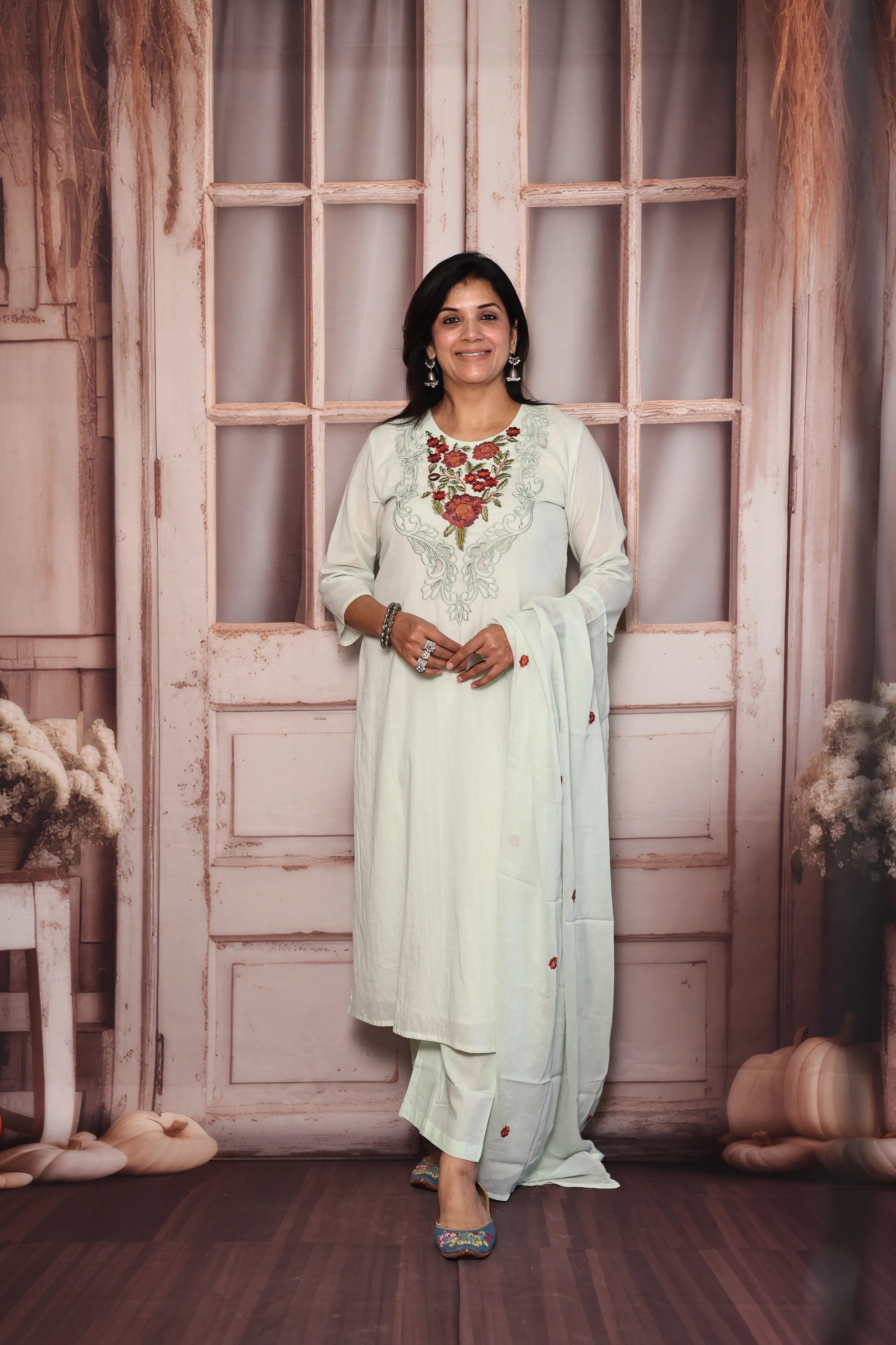 Light Pista Cut Work Thread Embroidered Dupatta Set | Floral Yoke Embroidery | Mul Cotton