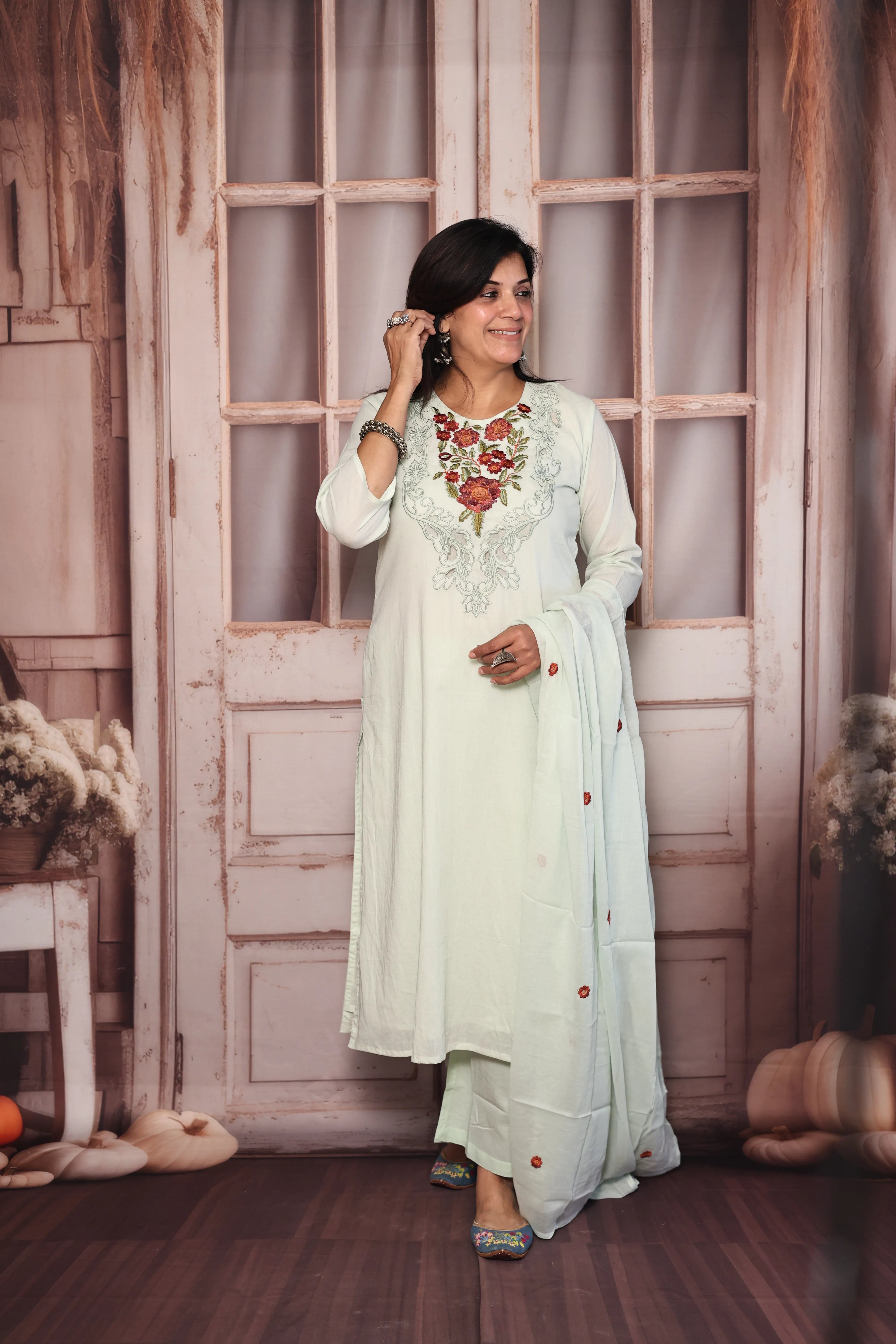 Light Pista Cut Work Thread Embroidered Dupatta Set | Floral Yoke Embroidery | Mul Cotton