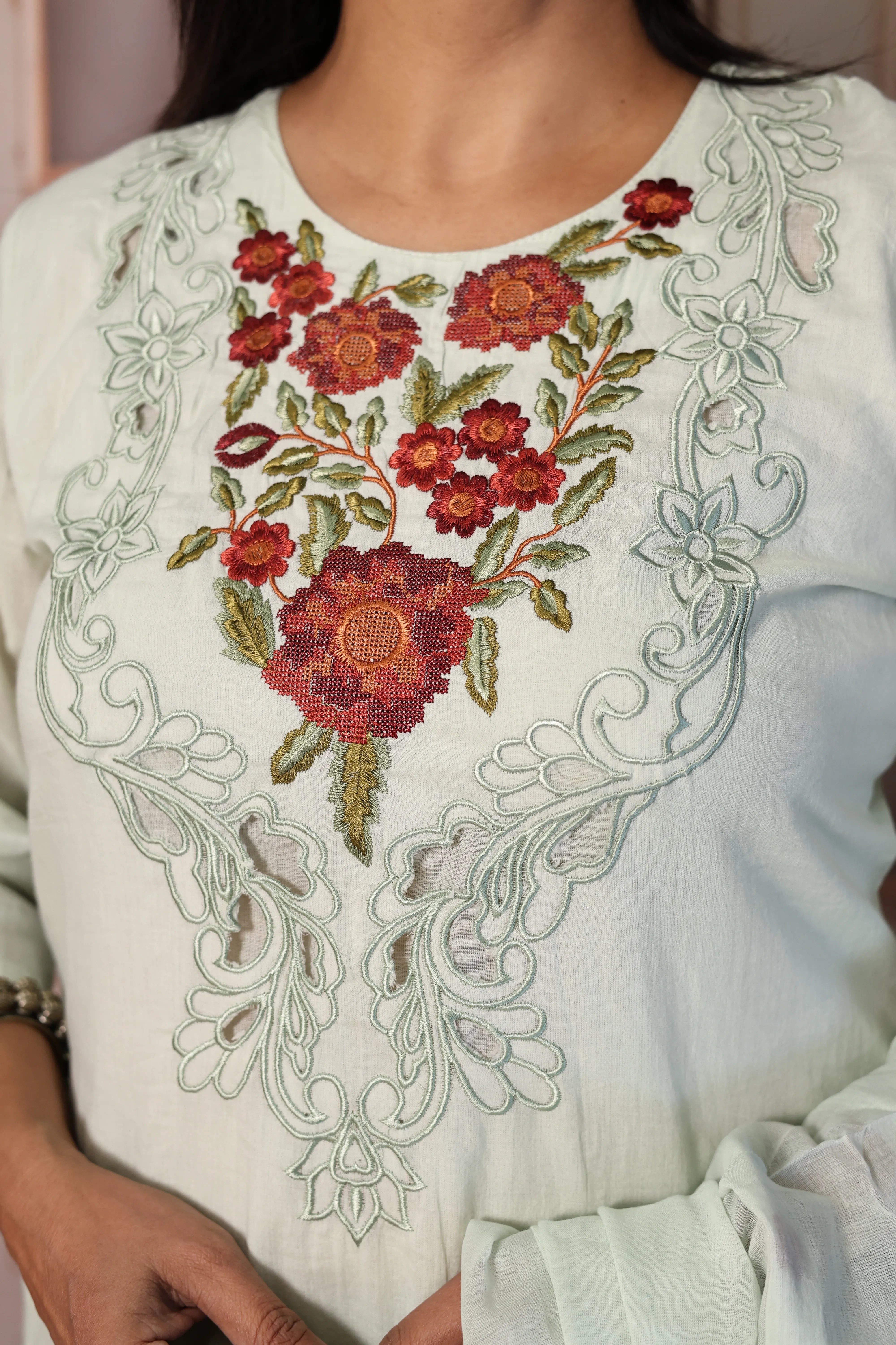 Light Pista Cut Work Thread Embroidered Dupatta Set | Floral Yoke Embroidery | Mul Cotton