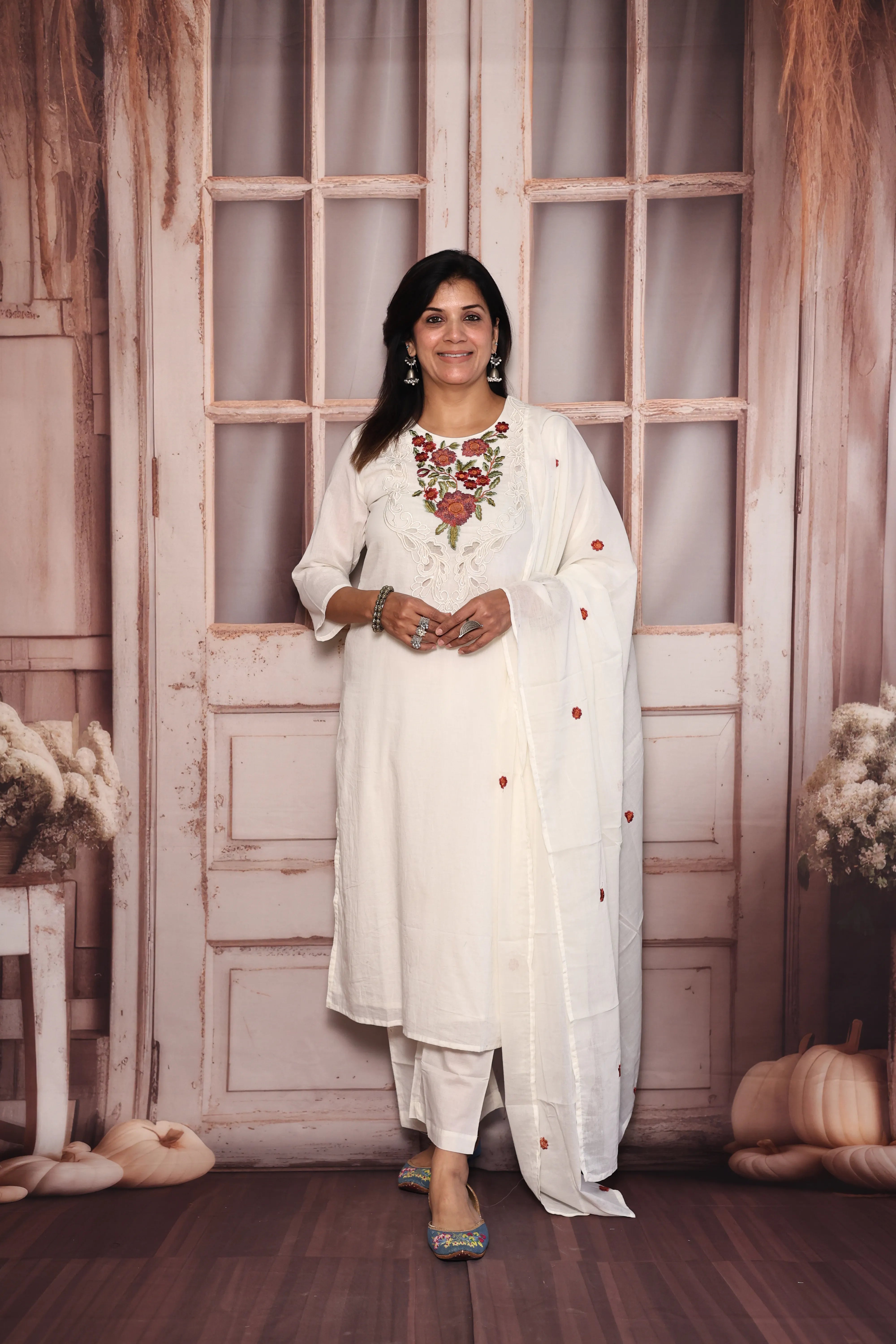 Off White Cut Work Thread Embroidered Dupatta Set | Floral Yoke Embroidery | Mul Cotton