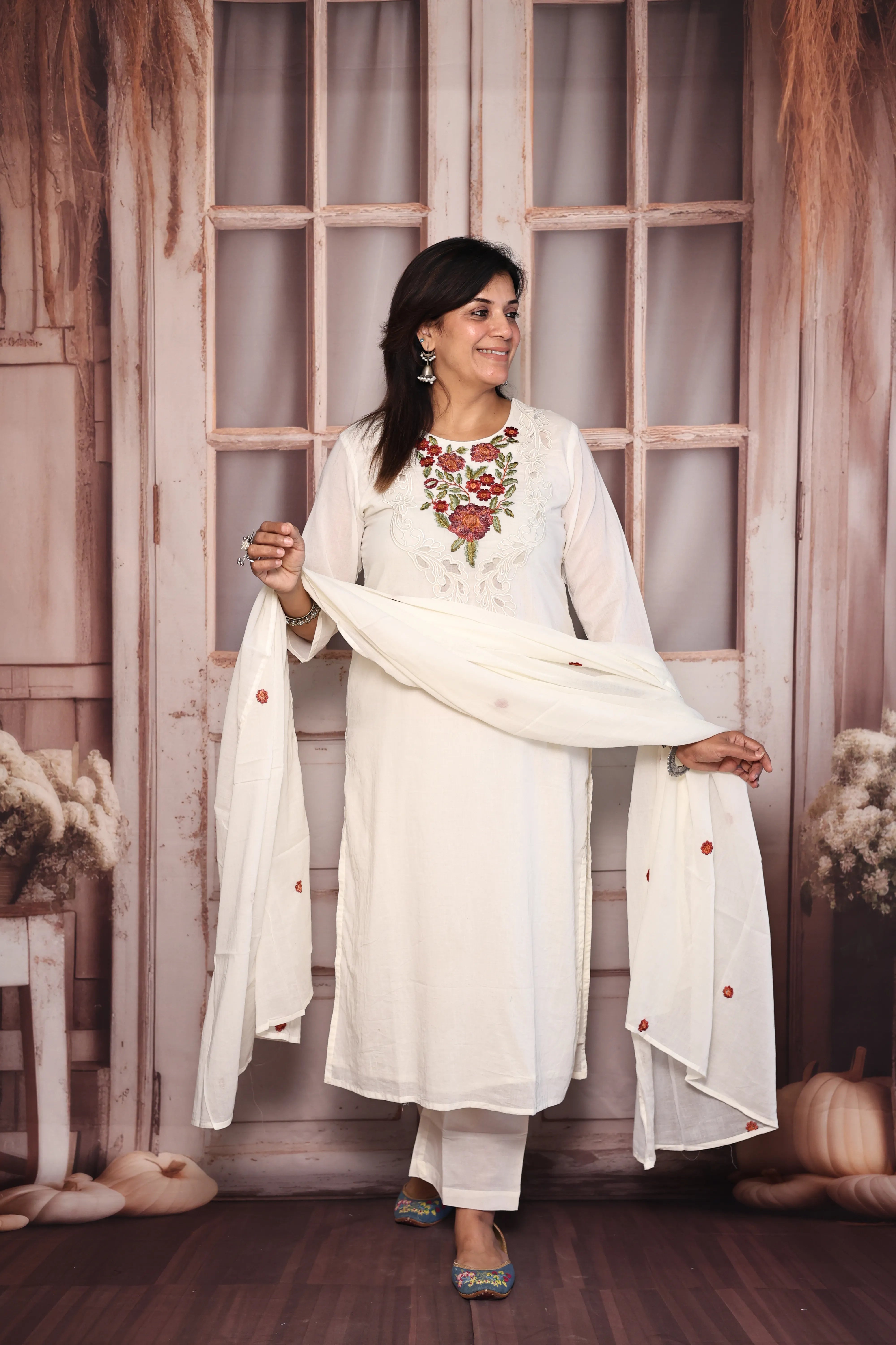 Off White Cut Work Thread Embroidered Dupatta Set | Floral Yoke Embroidery | Mul Cotton