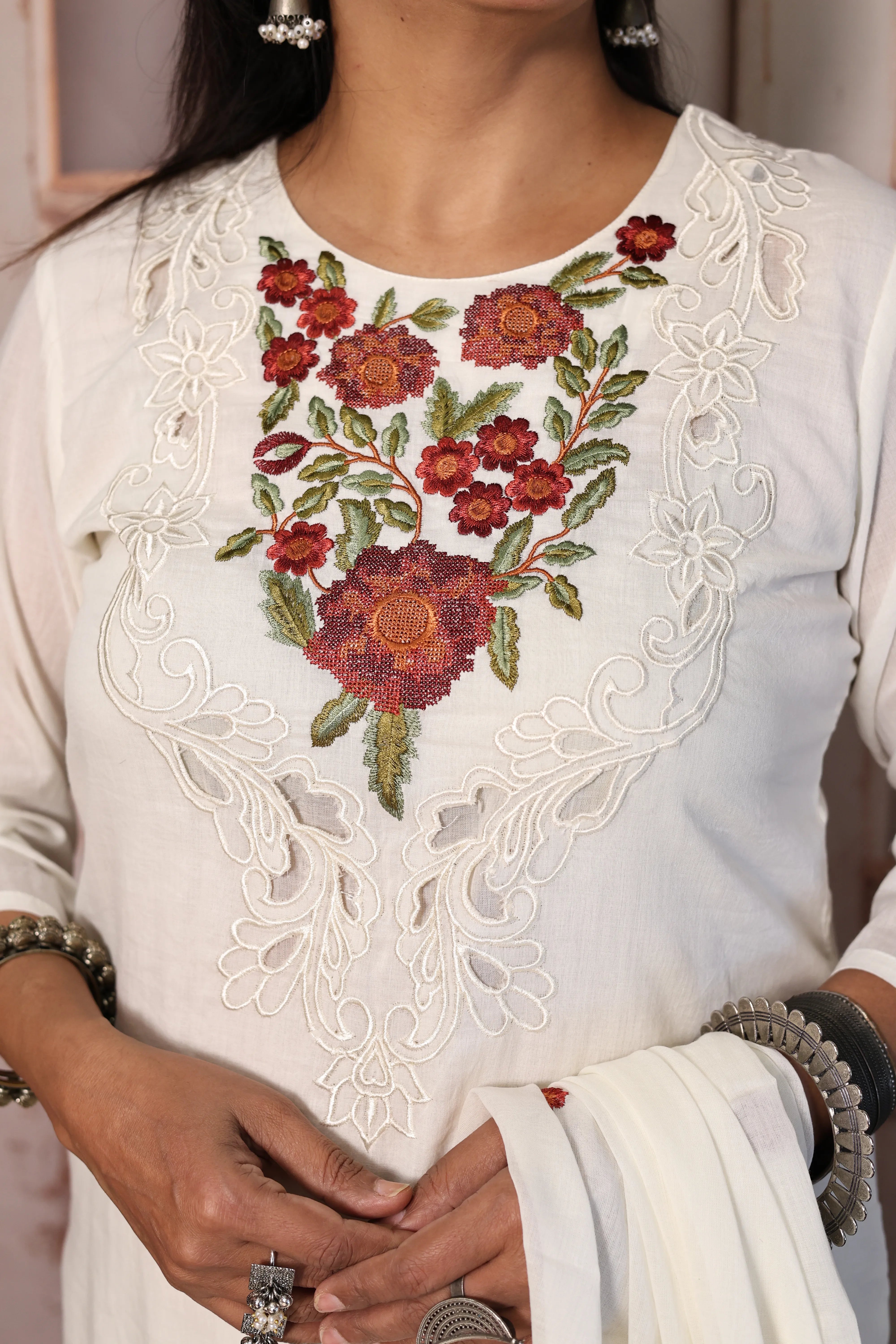 Off White Cut Work Thread Embroidered Dupatta Set | Floral Yoke Embroidery | Mul Cotton