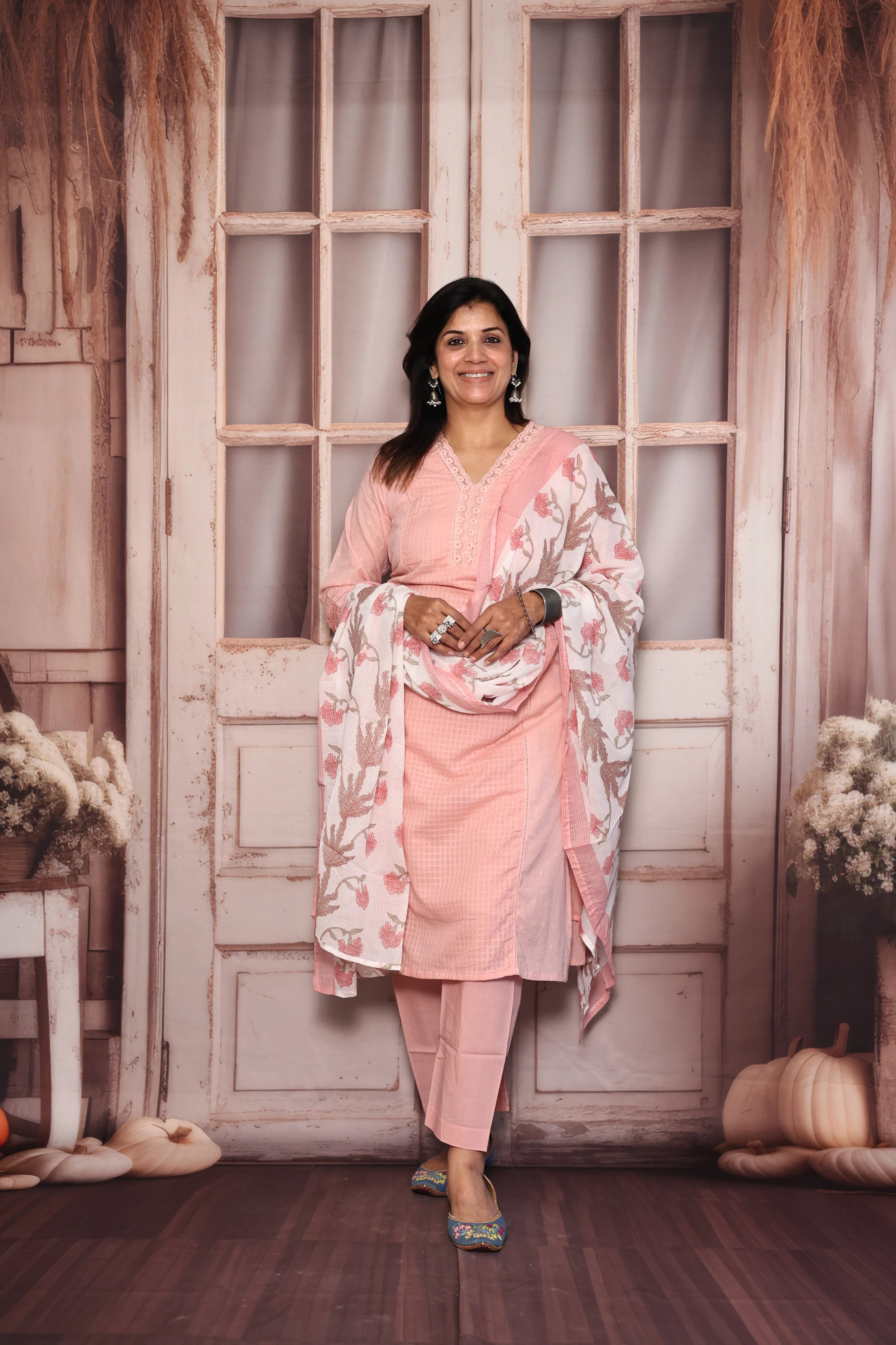 Peach Pink Self Work Printed Dupatta Set | Floral Print, Self Work & Lace Detailing | Mul Mul