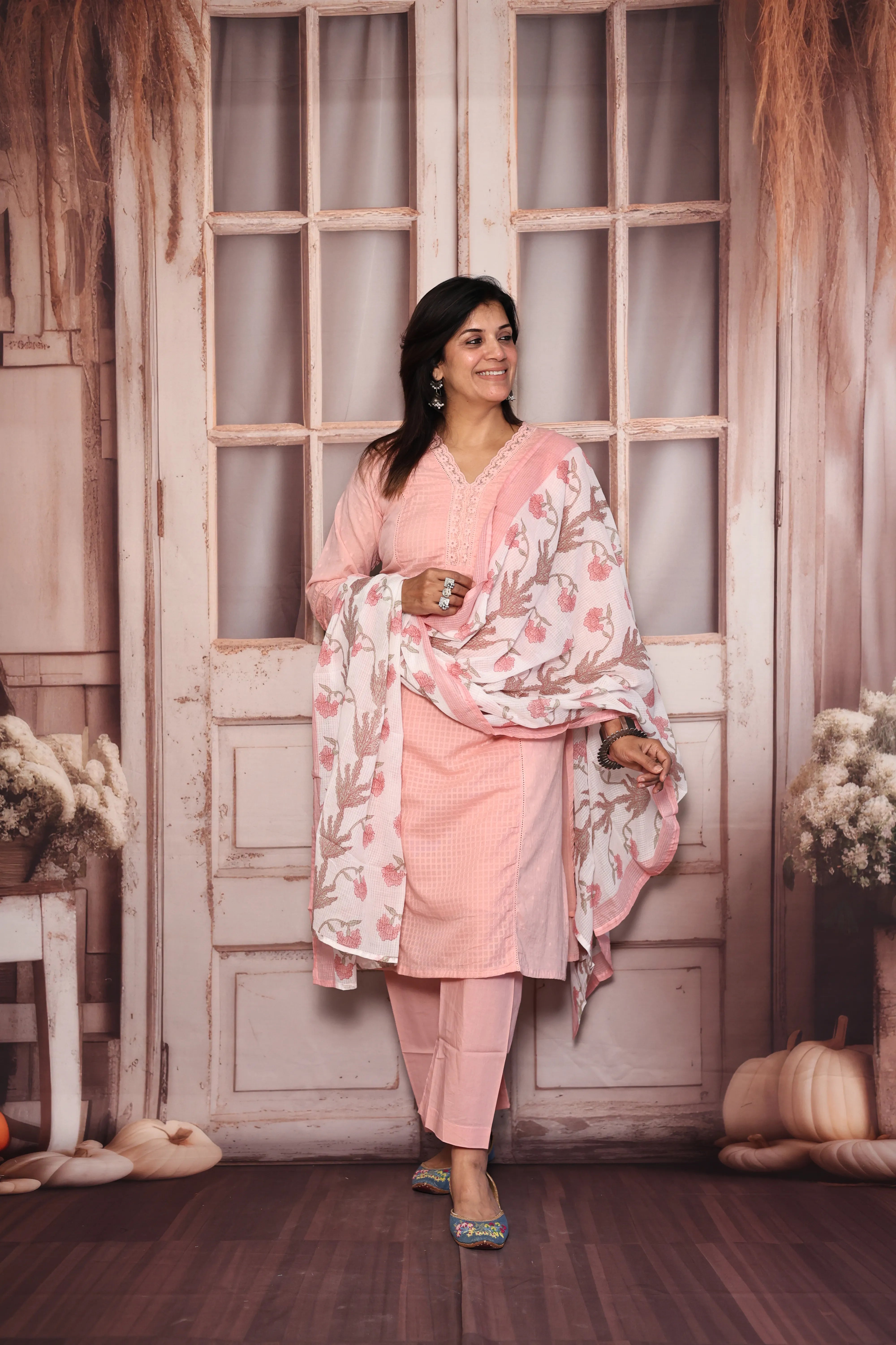 Peach Pink Self Work Printed Dupatta Set | Floral Print, Self Work & Lace Detailing | Mul Mul