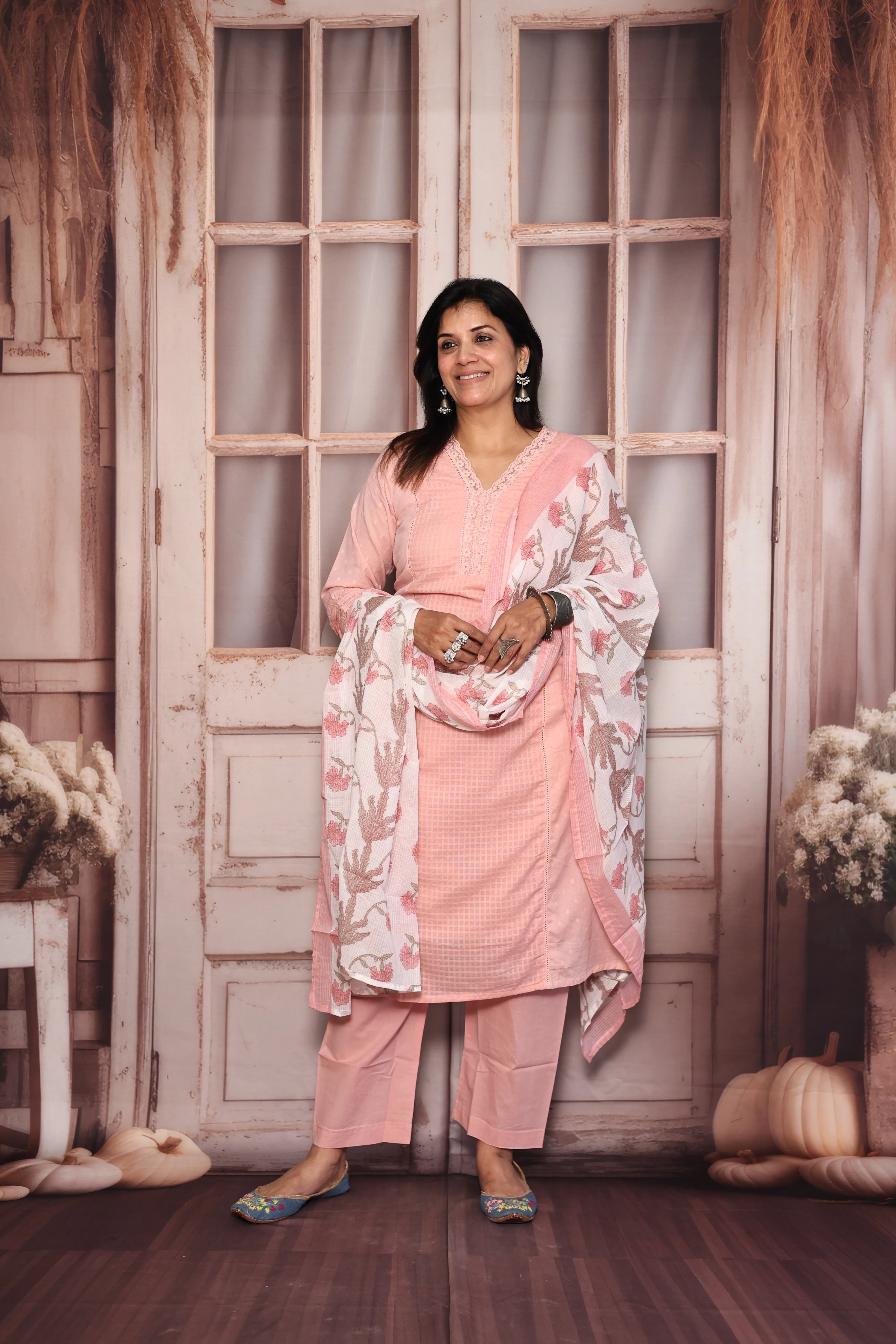 Peach Pink Self Work Printed Dupatta Set | Floral Print, Self Work & Lace Detailing | Mul Mul