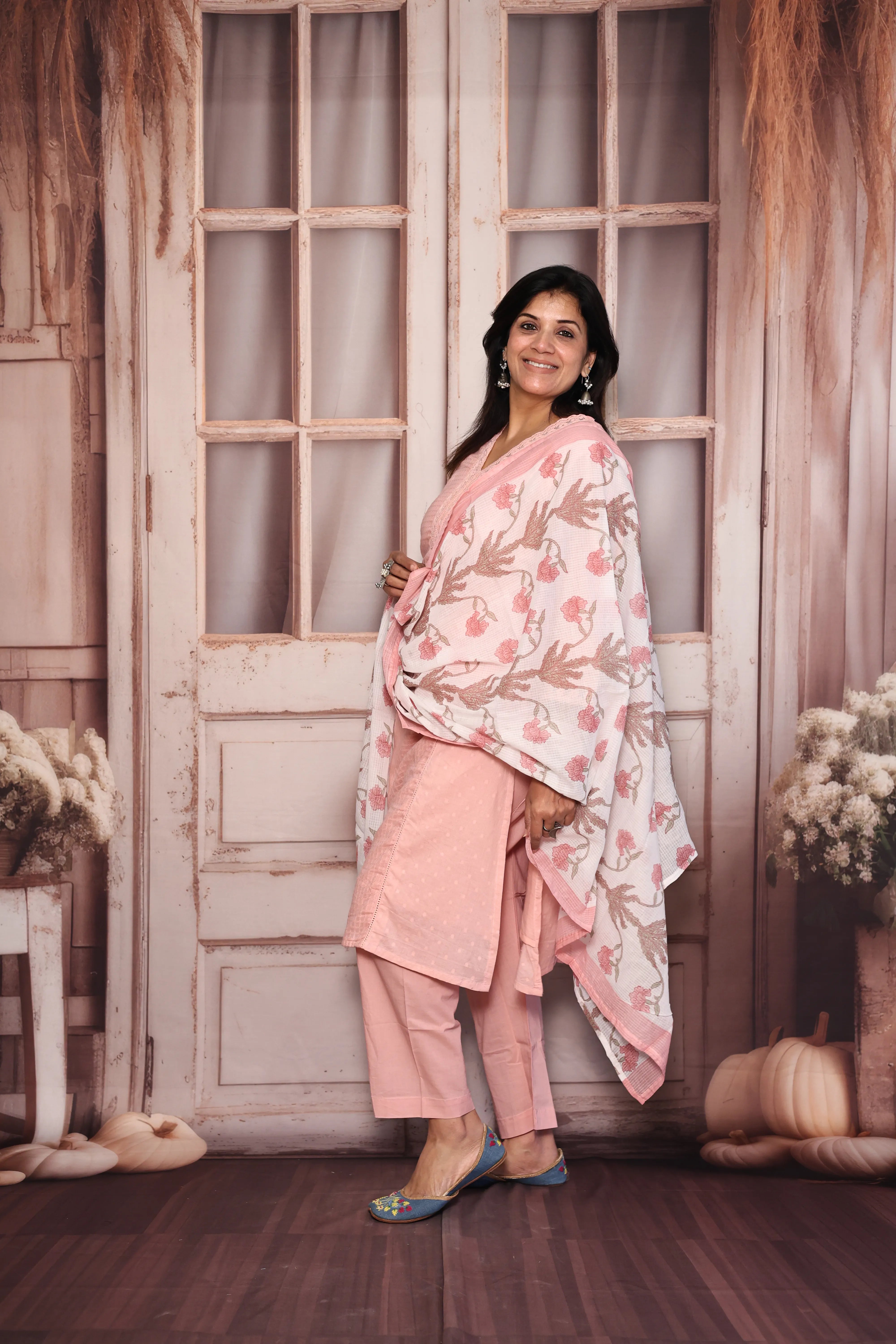 Peach Pink Self Work Printed Dupatta Set | Floral Print, Self Work & Lace Detailing | Mul Mul