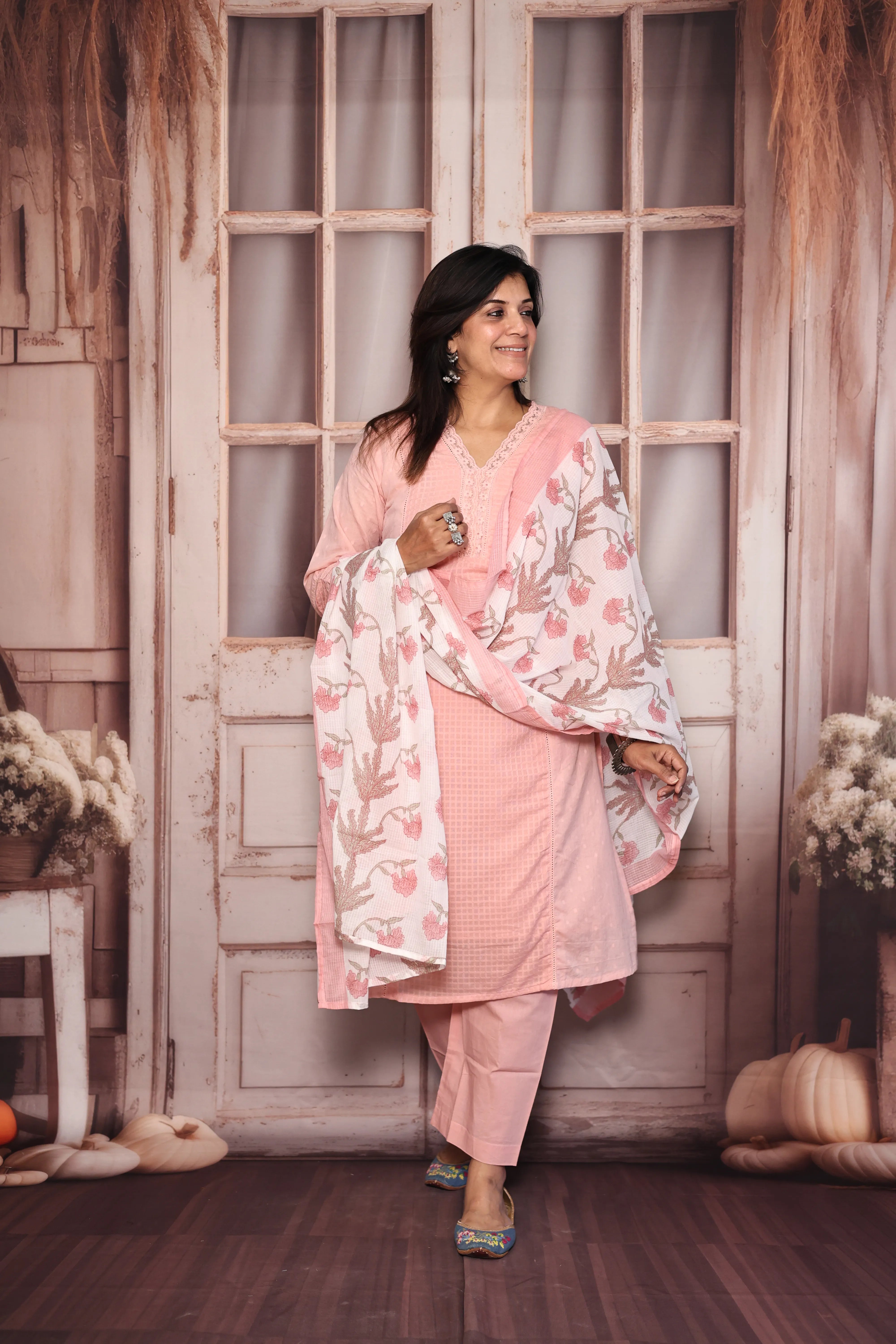 Peach Pink Self Work Printed Dupatta Set | Floral Print, Self Work & Lace Detailing | Mul Mul
