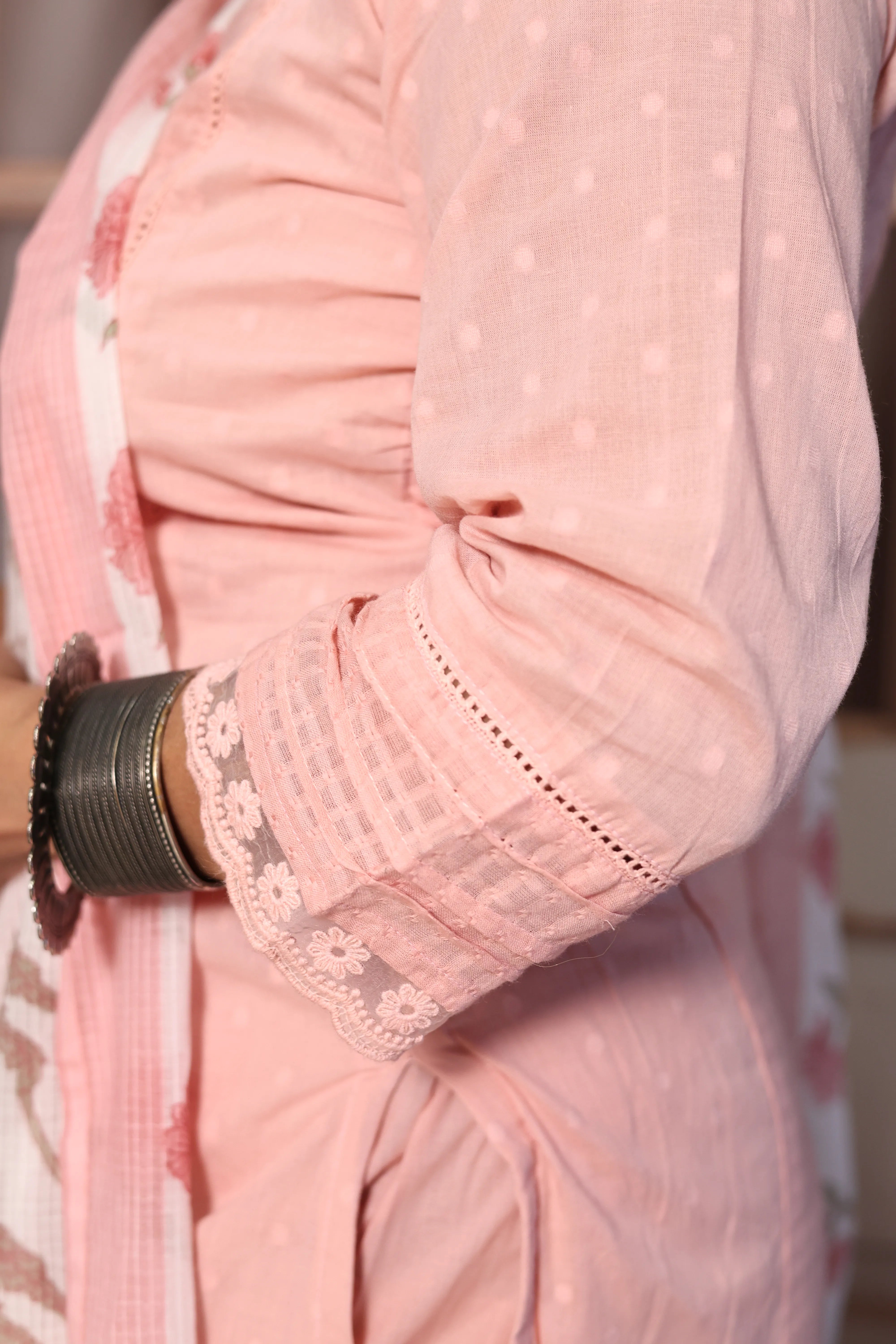 Peach Pink Self Work Printed Dupatta Set | Floral Print, Self Work & Lace Detailing | Mul Mul