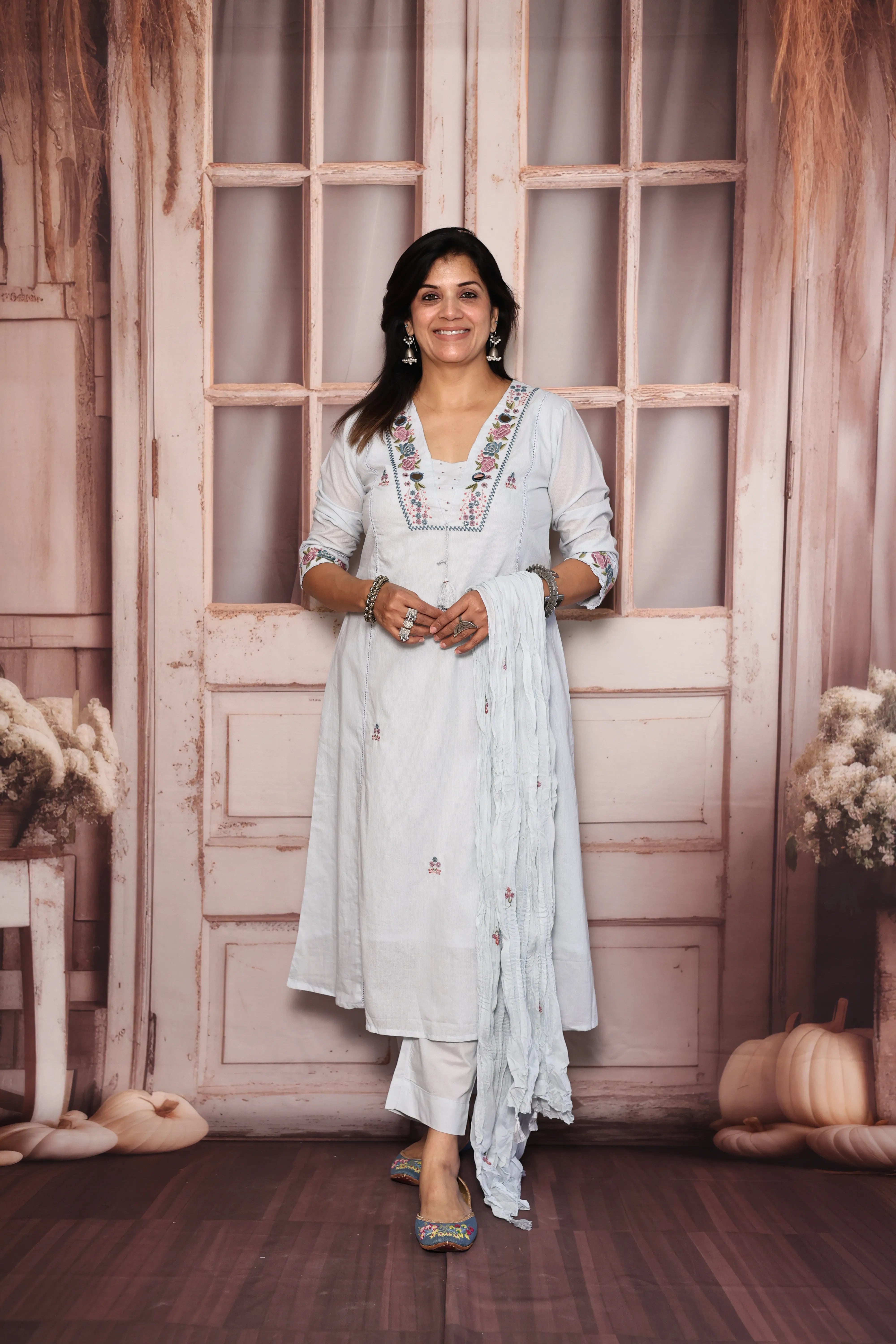 Light Blue Yoke Work Dupatta Set | Pearl, Mirror & Floral Thread Embroidery | Mul Cotton
