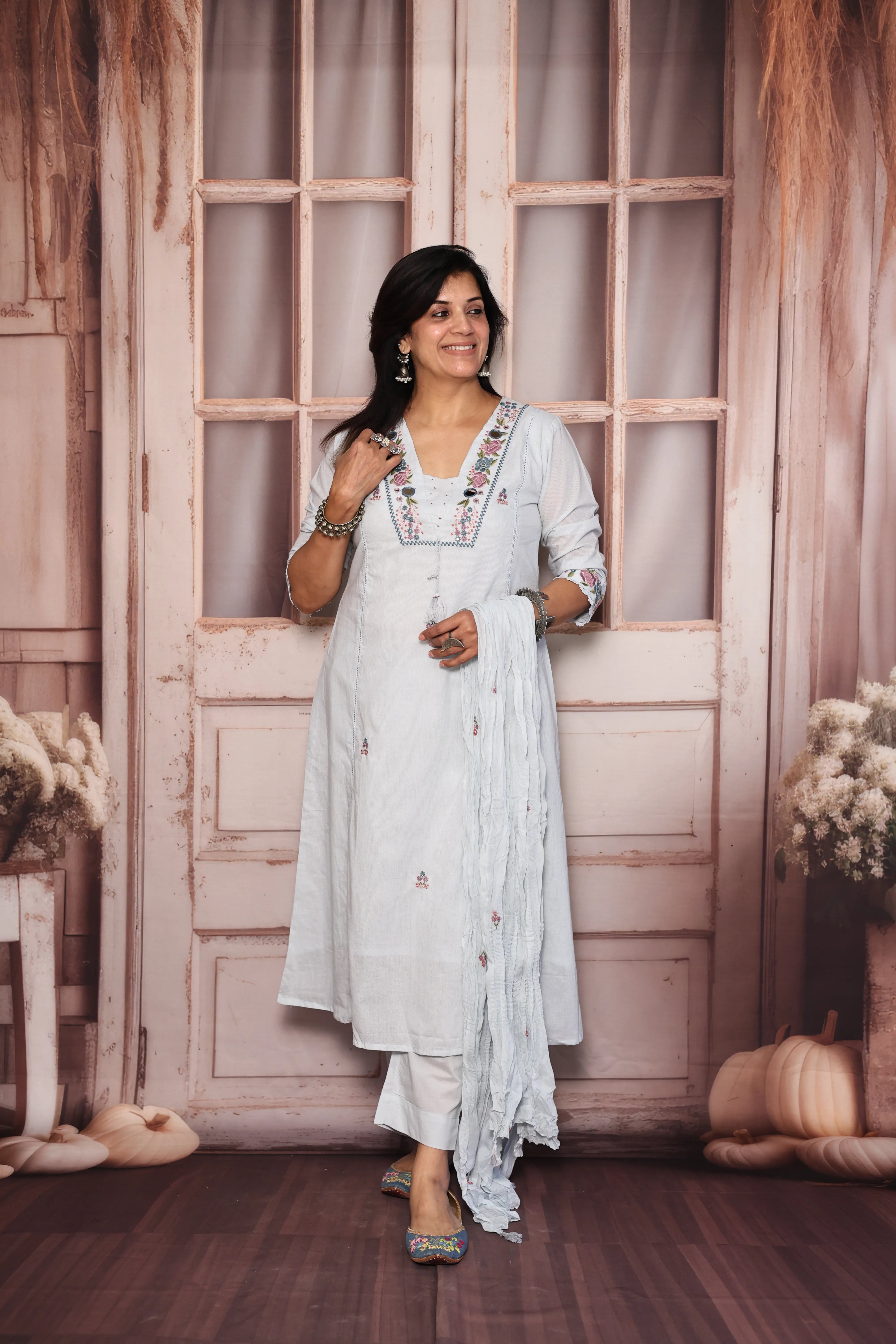 Light Blue Yoke Work Dupatta Set | Pearl, Mirror & Floral Thread Embroidery | Mul Cotton