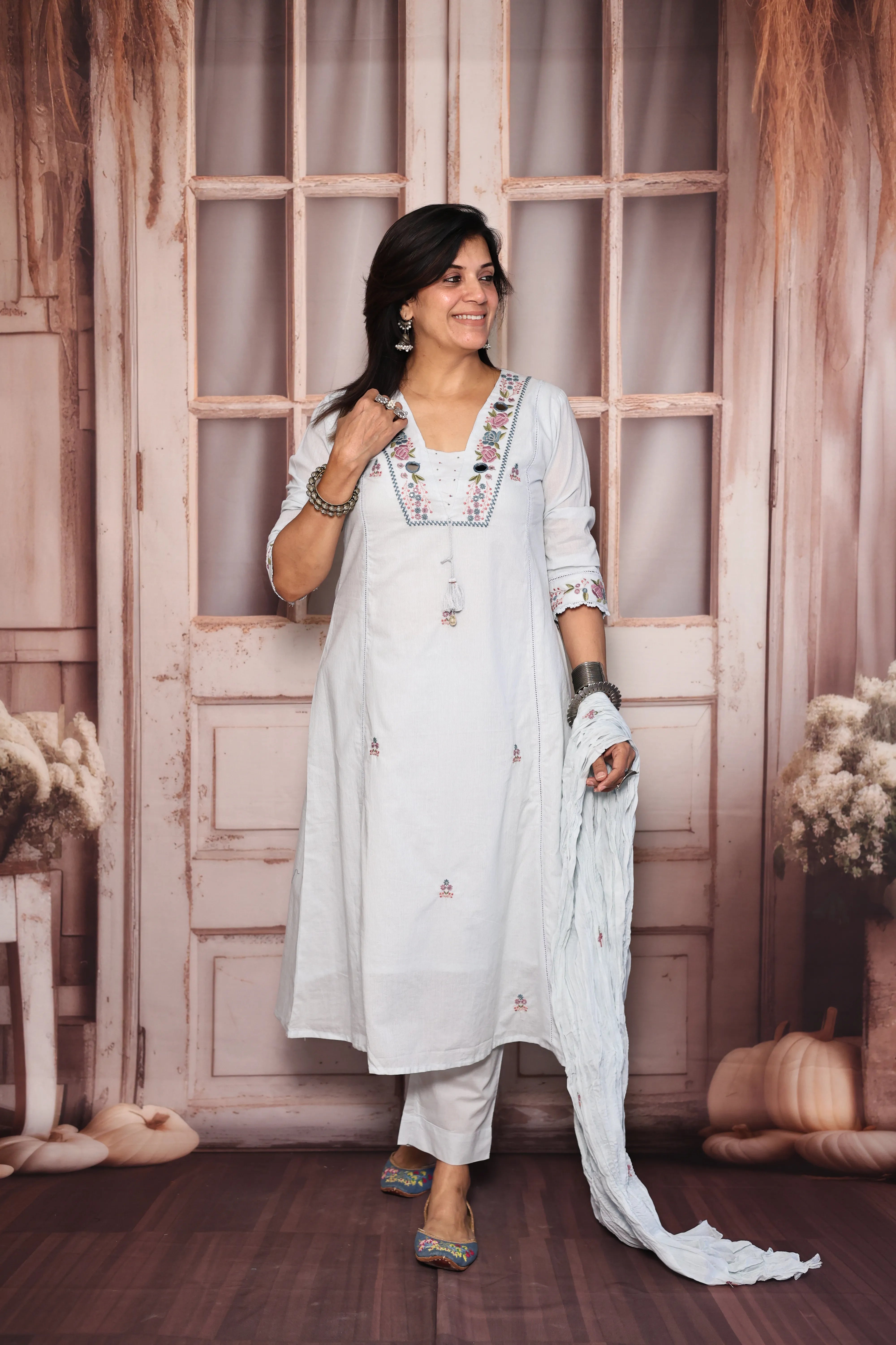 Light Blue Yoke Work Dupatta Set | Pearl, Mirror & Floral Thread Embroidery | Mul Cotton