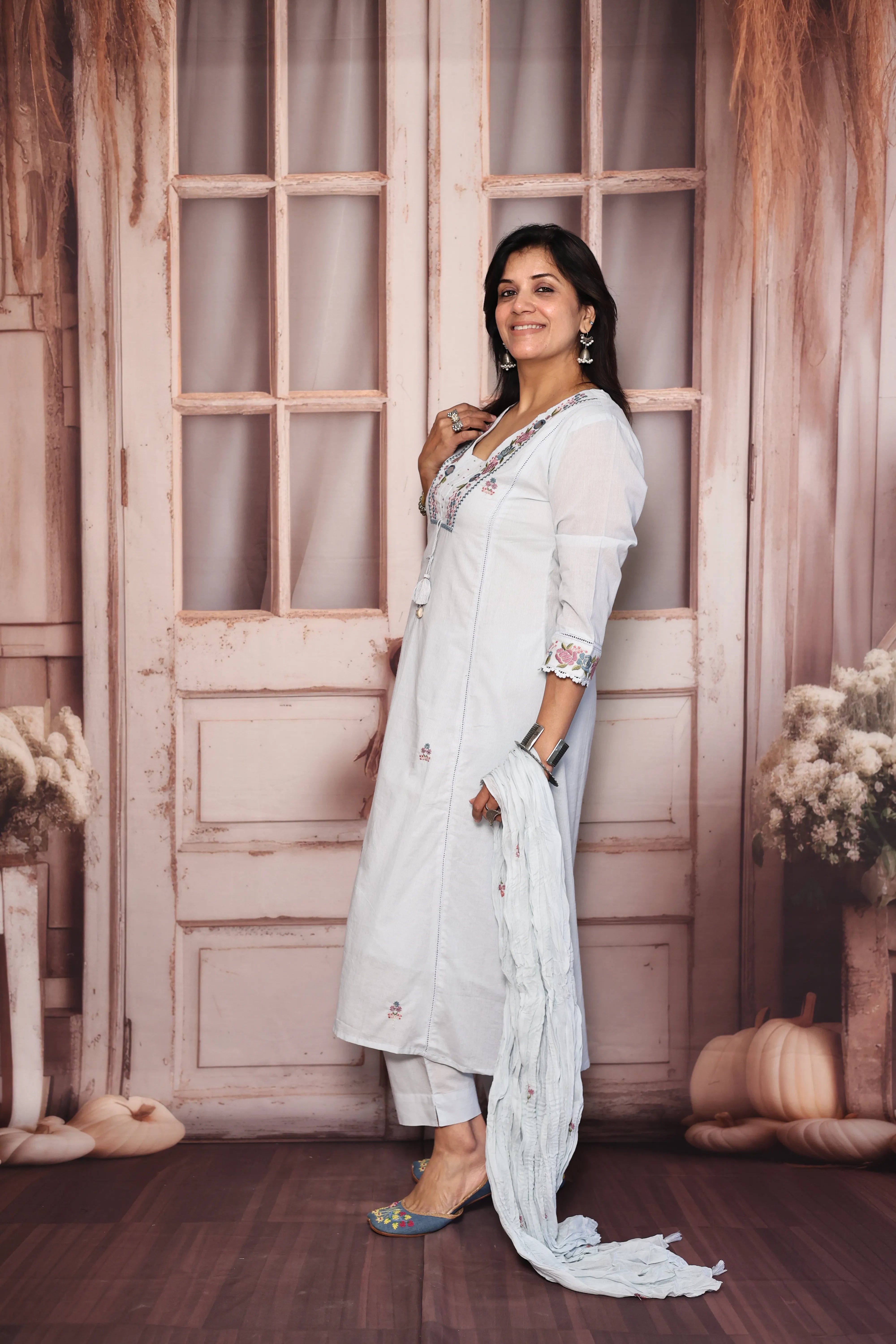 Light Blue Yoke Work Dupatta Set | Pearl, Mirror & Floral Thread Embroidery | Mul Cotton