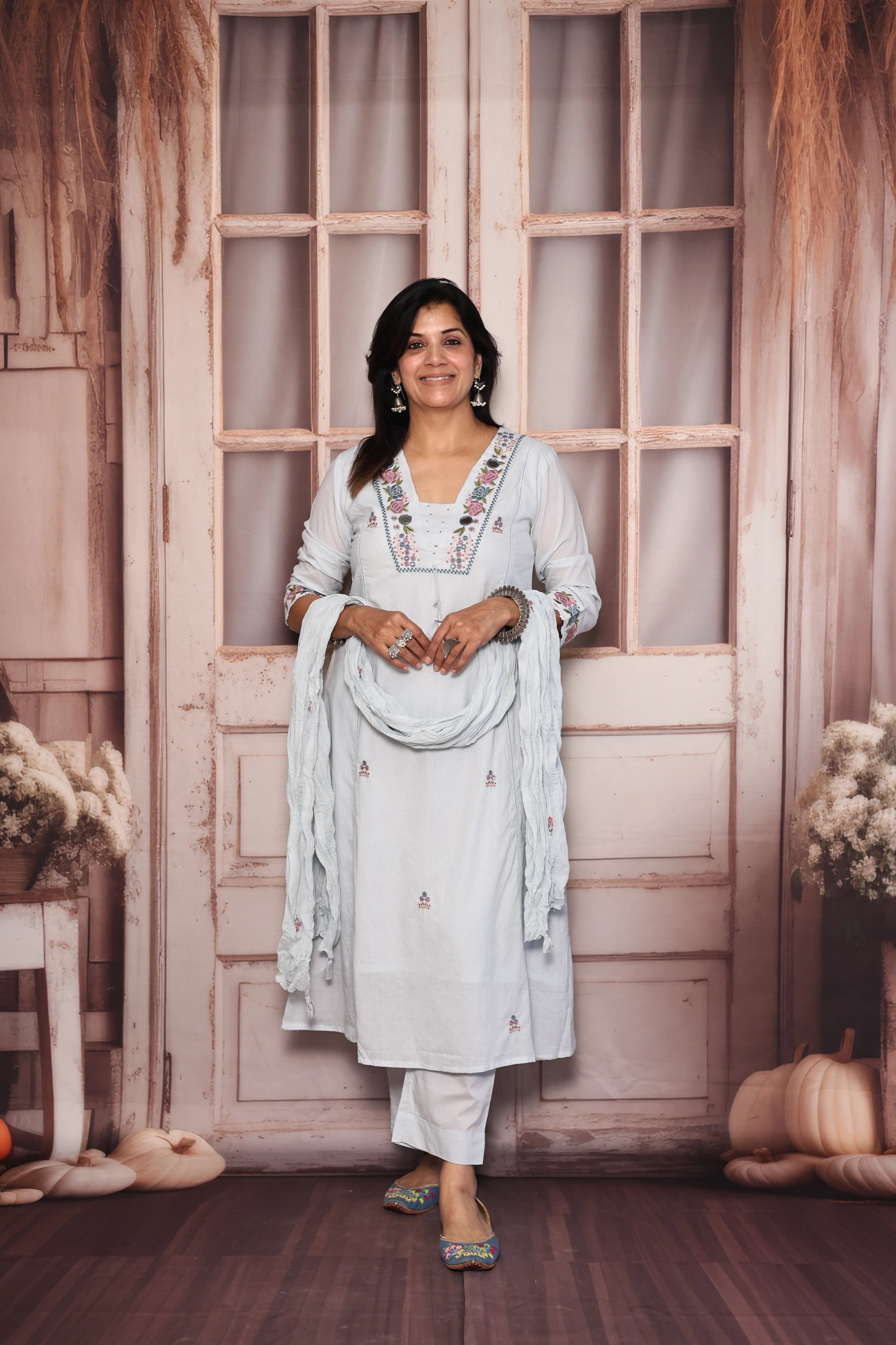 Light Blue Yoke Work Dupatta Set | Pearl, Mirror & Floral Thread Embroidery | Mul Cotton