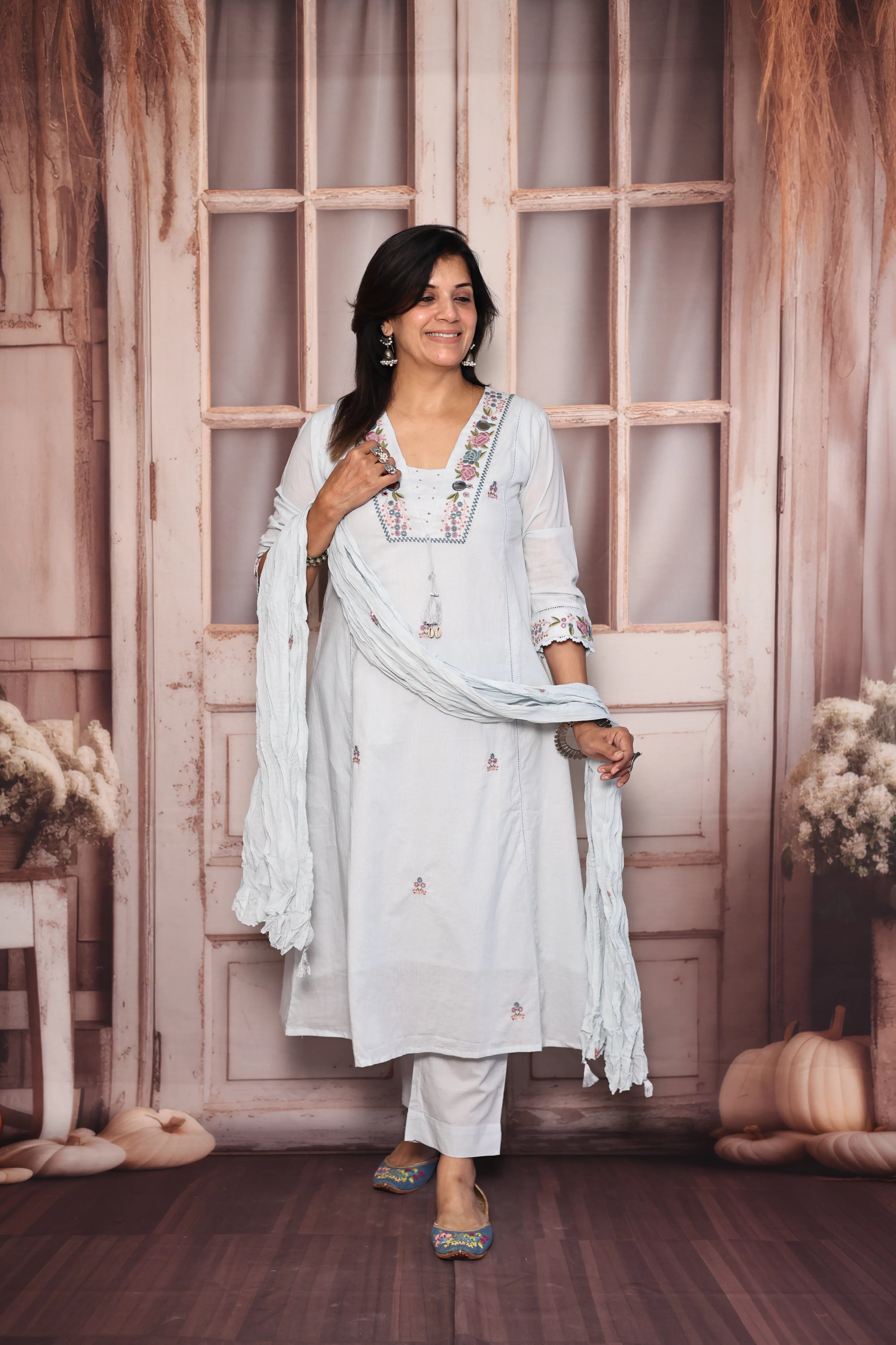 Light Blue Yoke Work Dupatta Set | Pearl, Mirror & Floral Thread Embroidery | Mul Cotton