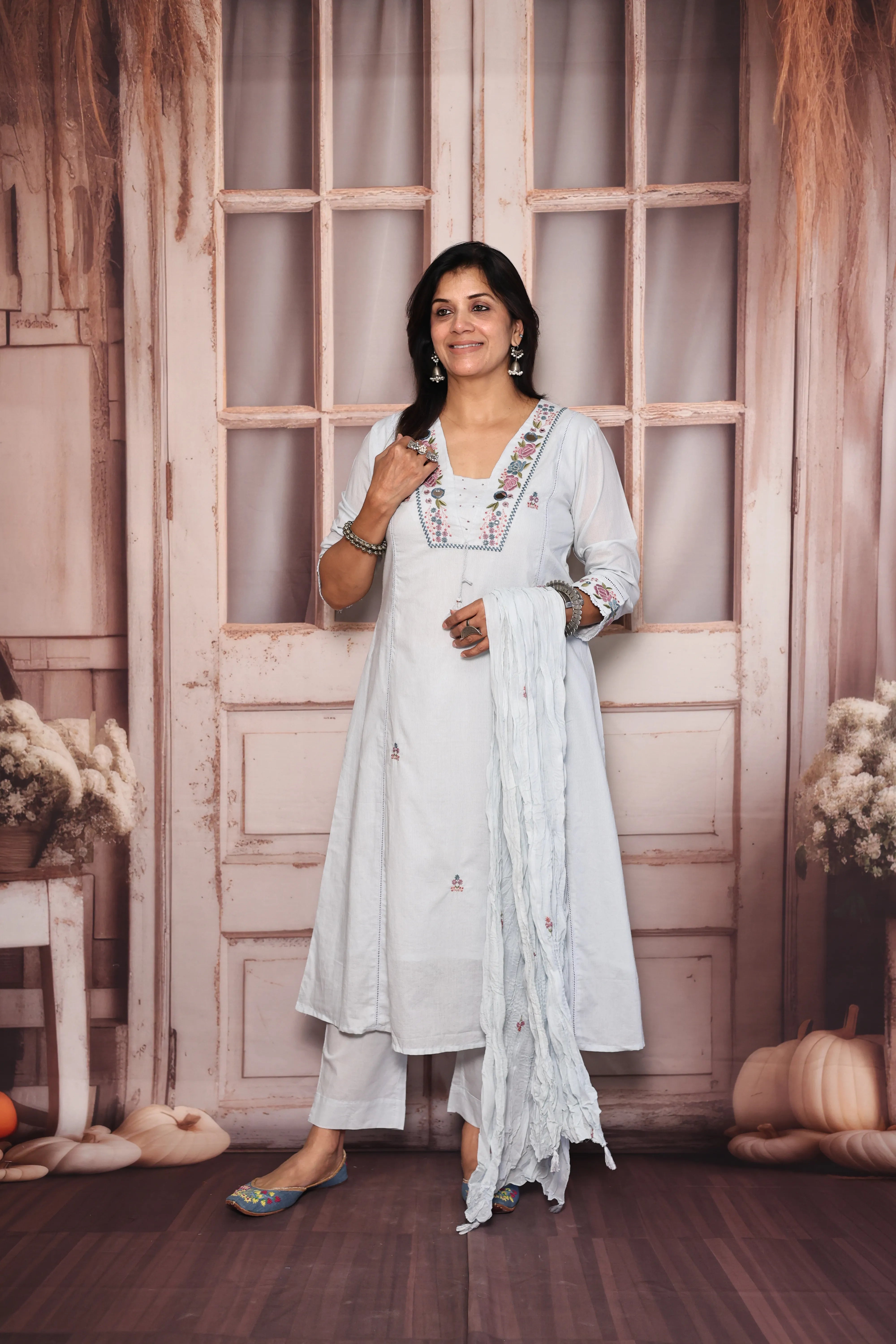 Light Blue Yoke Work Dupatta Set | Pearl, Mirror & Floral Thread Embroidery | Mul Cotton