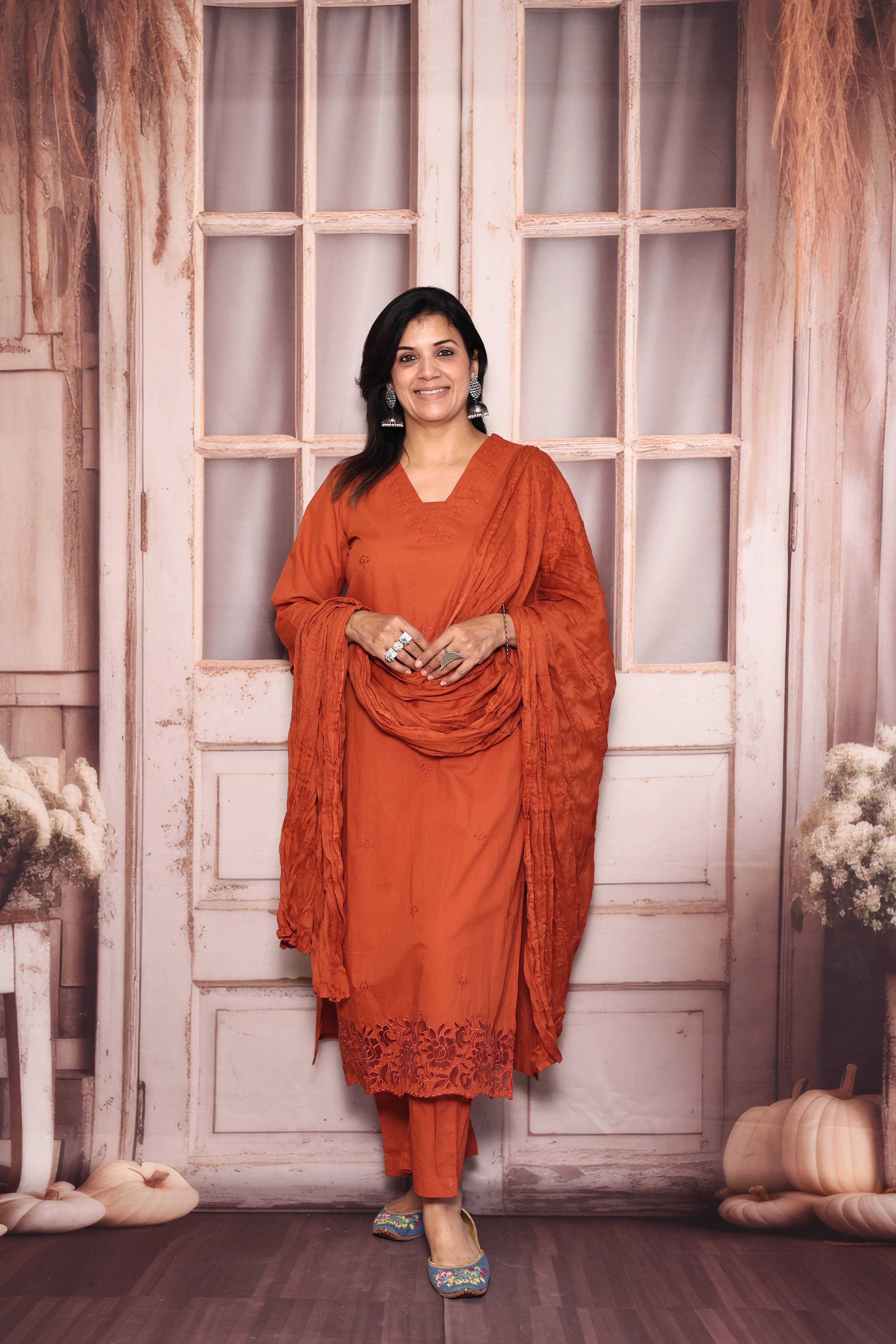 Amber Rust Thread Embroidered Dupatta Set | Pearl & Appliqué Patch Cut Work | Soft Cotton