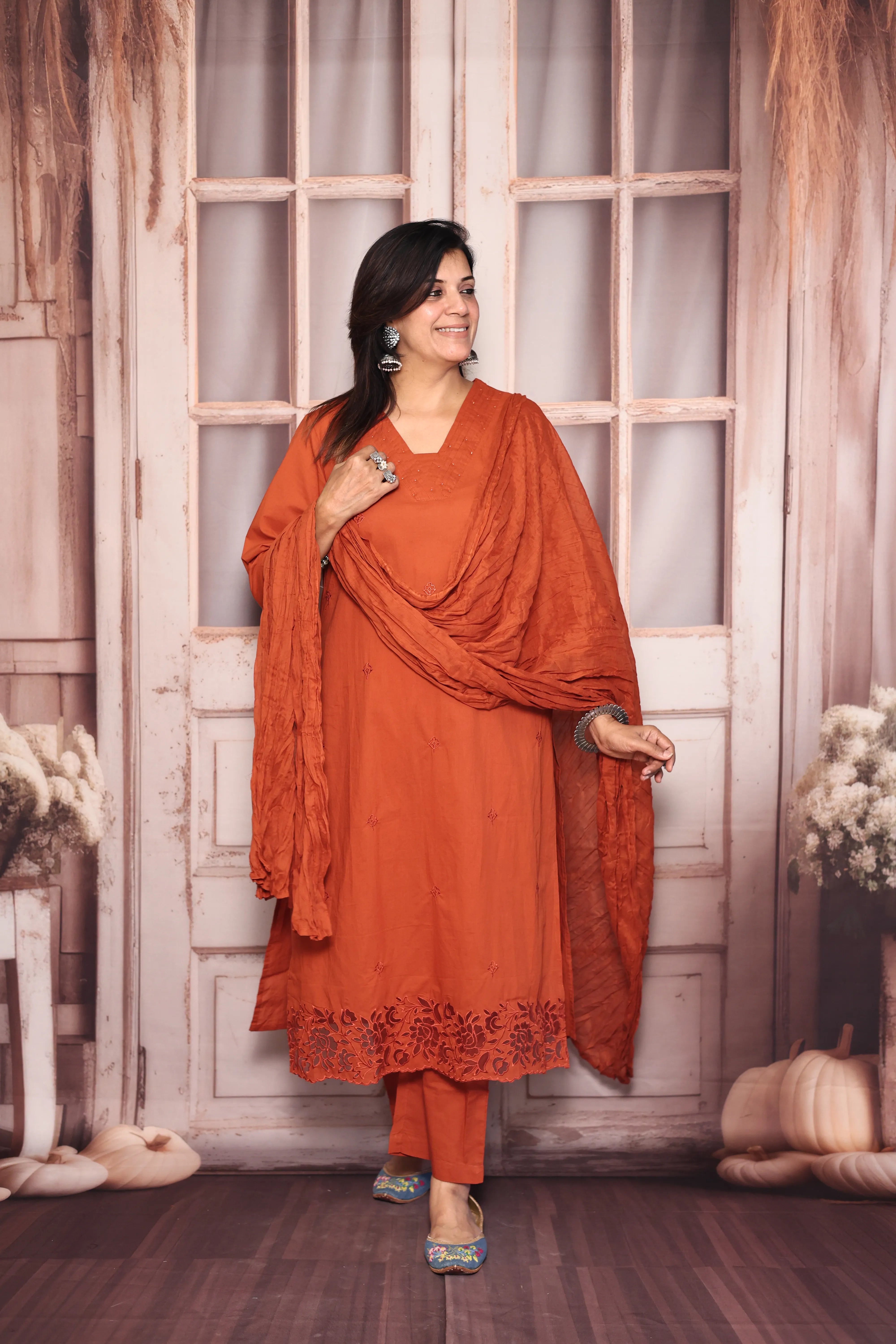 Amber Rust Thread Embroidered Dupatta Set | Pearl & Appliqué Patch Cut Work | Soft Cotton