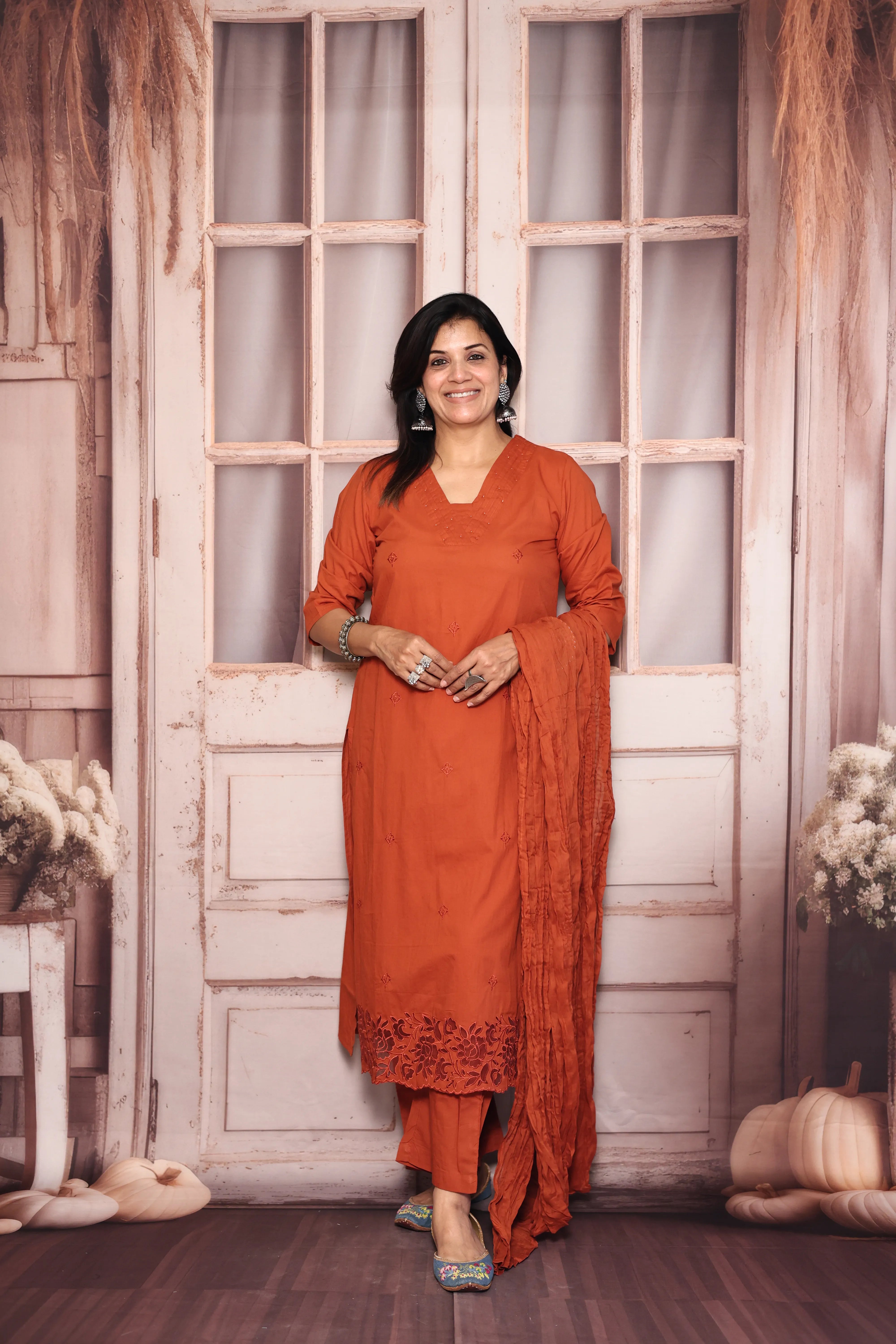 Amber Rust Thread Embroidered Dupatta Set | Pearl & Appliqué Patch Cut Work | Soft Cotton