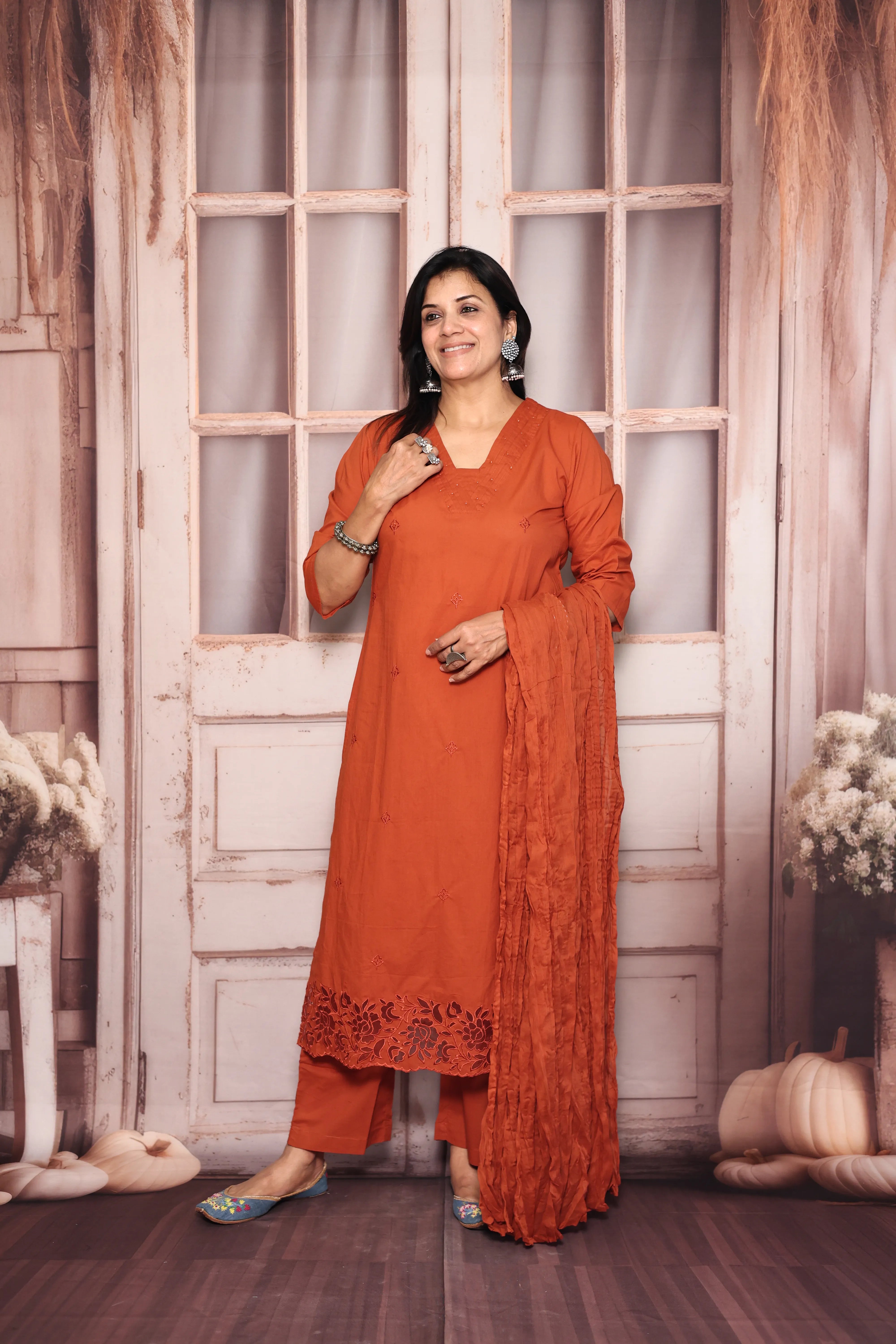 Amber Rust Thread Embroidered Dupatta Set | Pearl & Appliqué Patch Cut Work | Soft Cotton