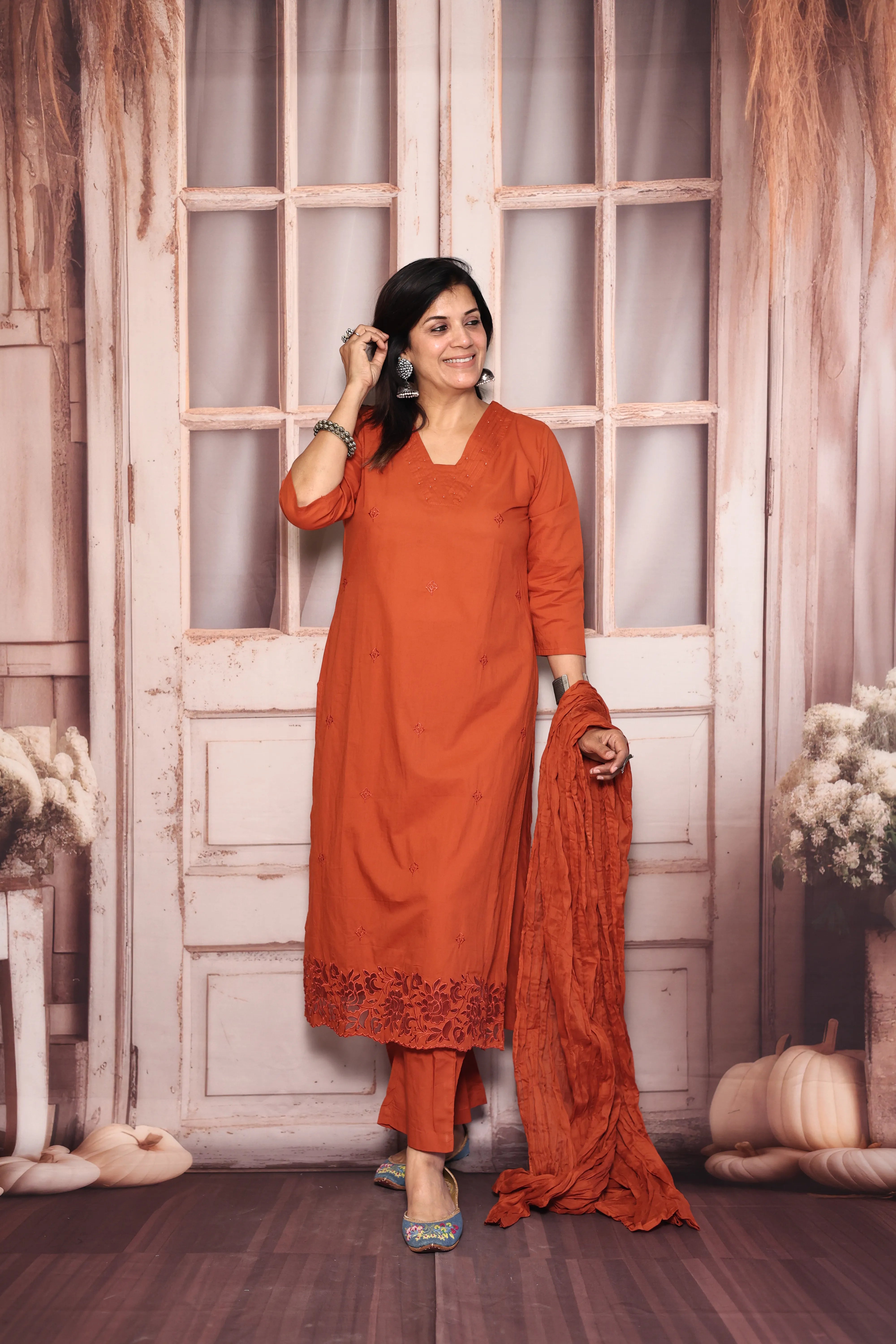 Amber Rust Thread Embroidered Dupatta Set | Pearl & Appliqué Patch Cut Work | Soft Cotton