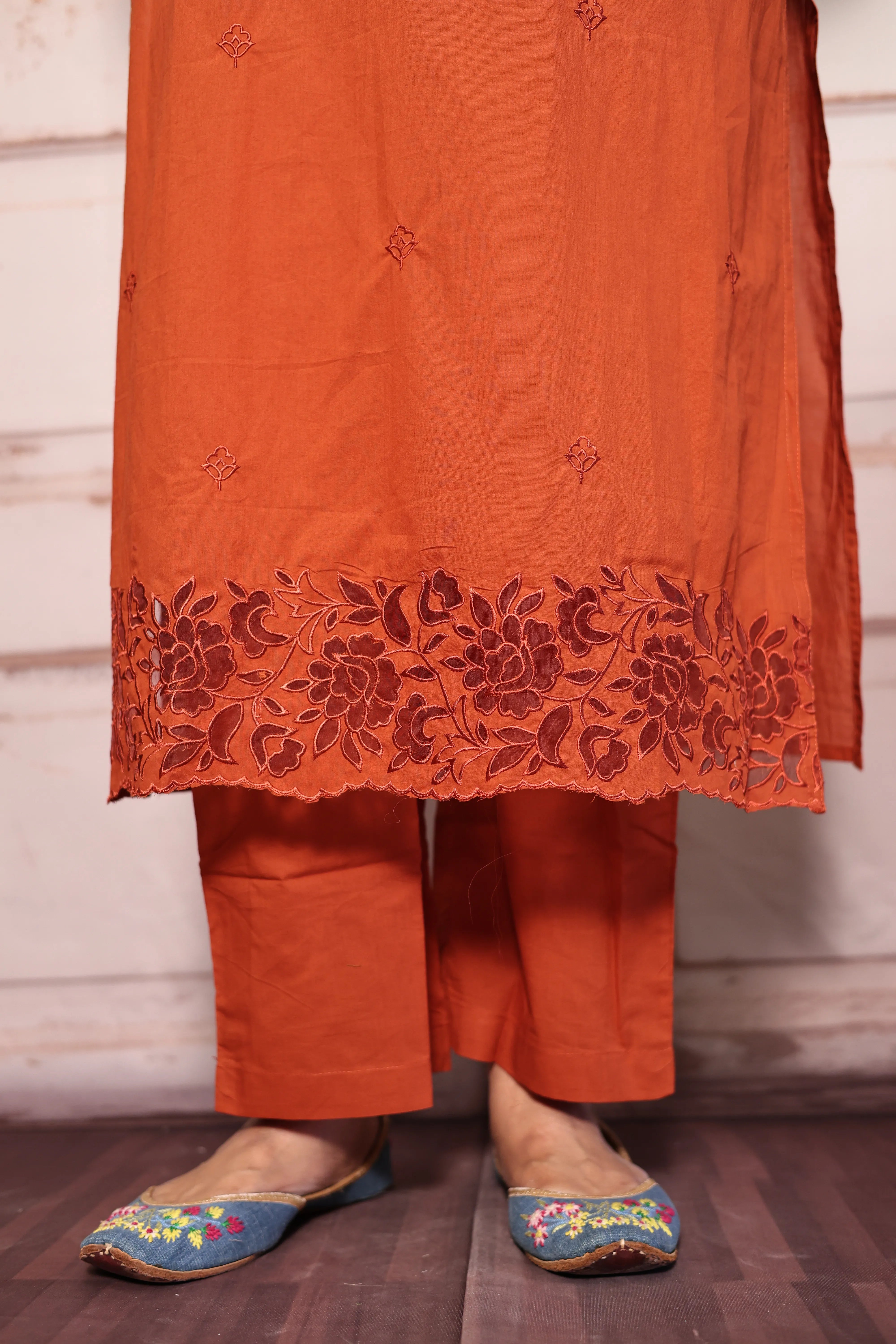 Amber Rust Thread Embroidered Dupatta Set | Pearl & Appliqué Patch Cut Work | Soft Cotton