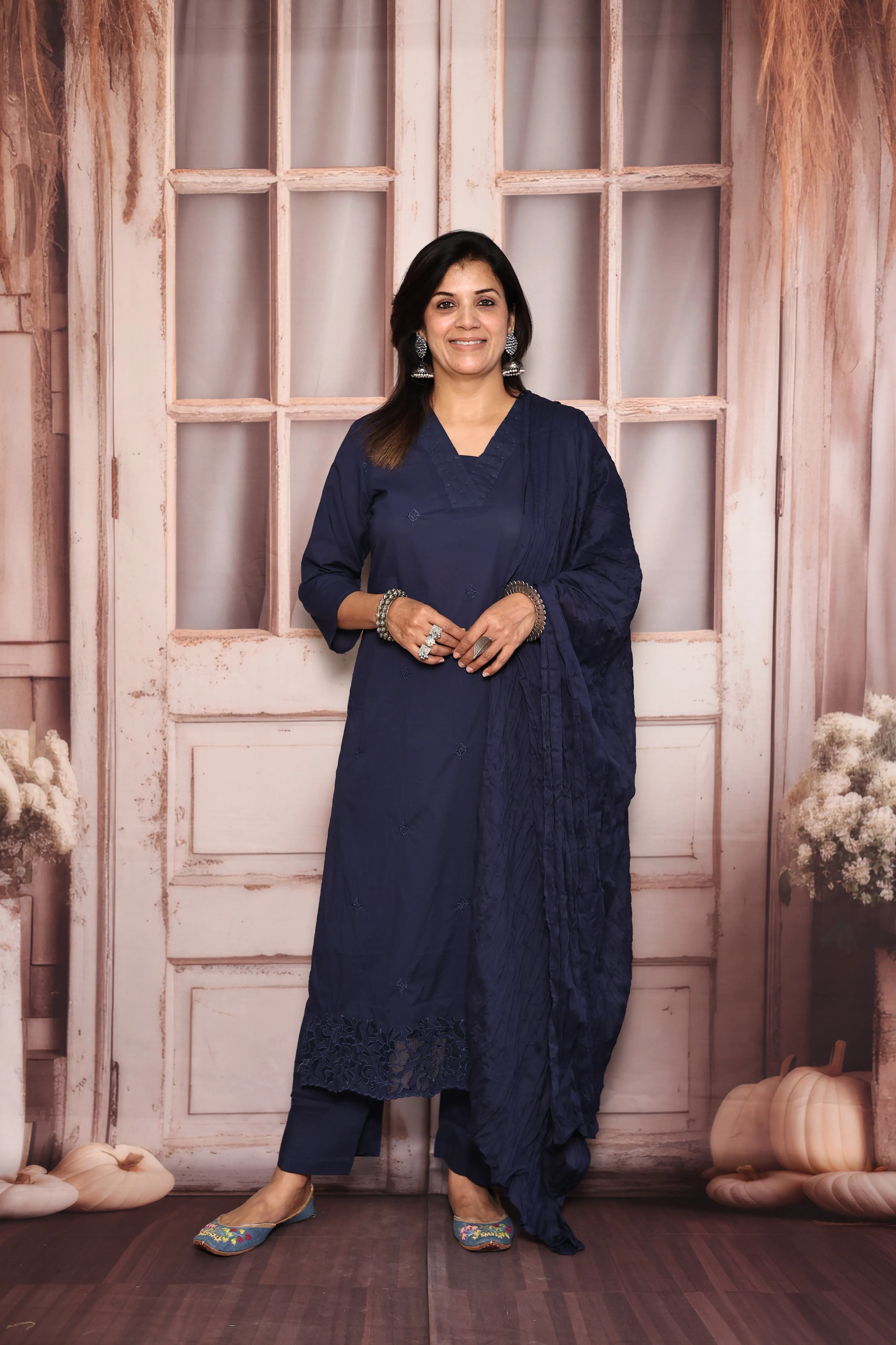 Navy blue Thread Embroidered Dupatta Set | Pearl & Appliqué Patch Cut Work | Soft Cotton